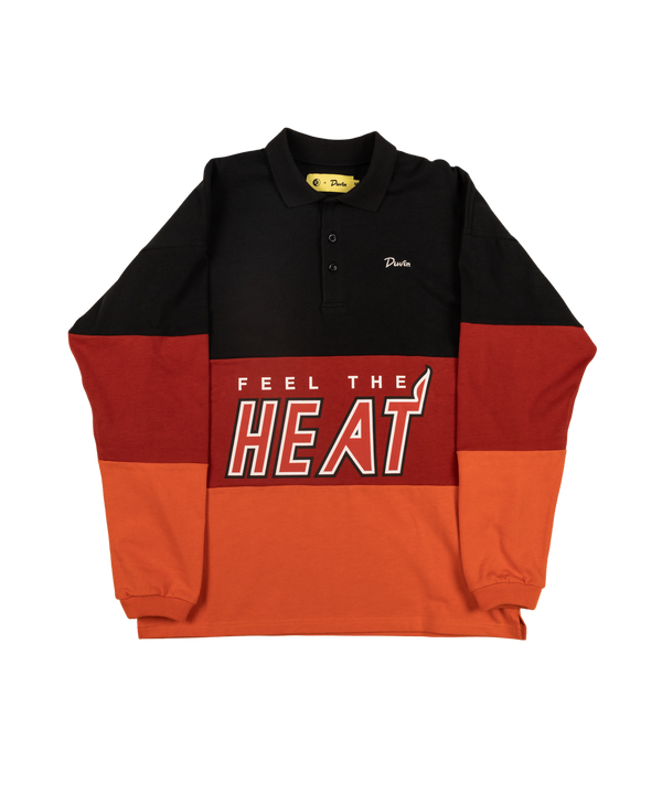The Court Culture x Duvin Rugby Polo is a pre-shrunk pique cotton, color-block long-sleeve shirt in black, red, and orange with 