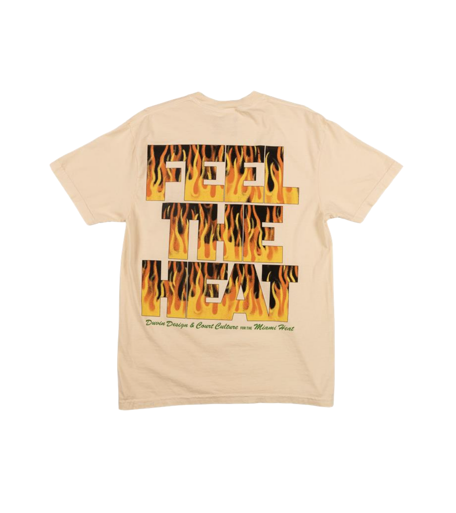 The Court Culture x Duvin Flames Tee is a beige midweight cotton t-shirt with large FEEL THE HEAT flames on the back and collab text below. Pre-shrunk for lasting fit.