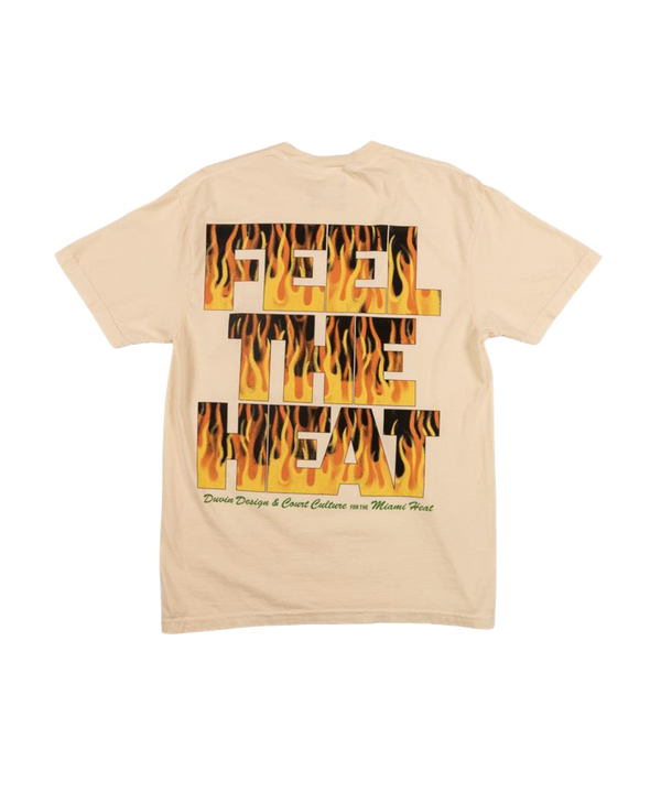 The Court Culture x Duvin Flames Tee is a beige, midweight cotton shirt with Miami Heat graphics, 