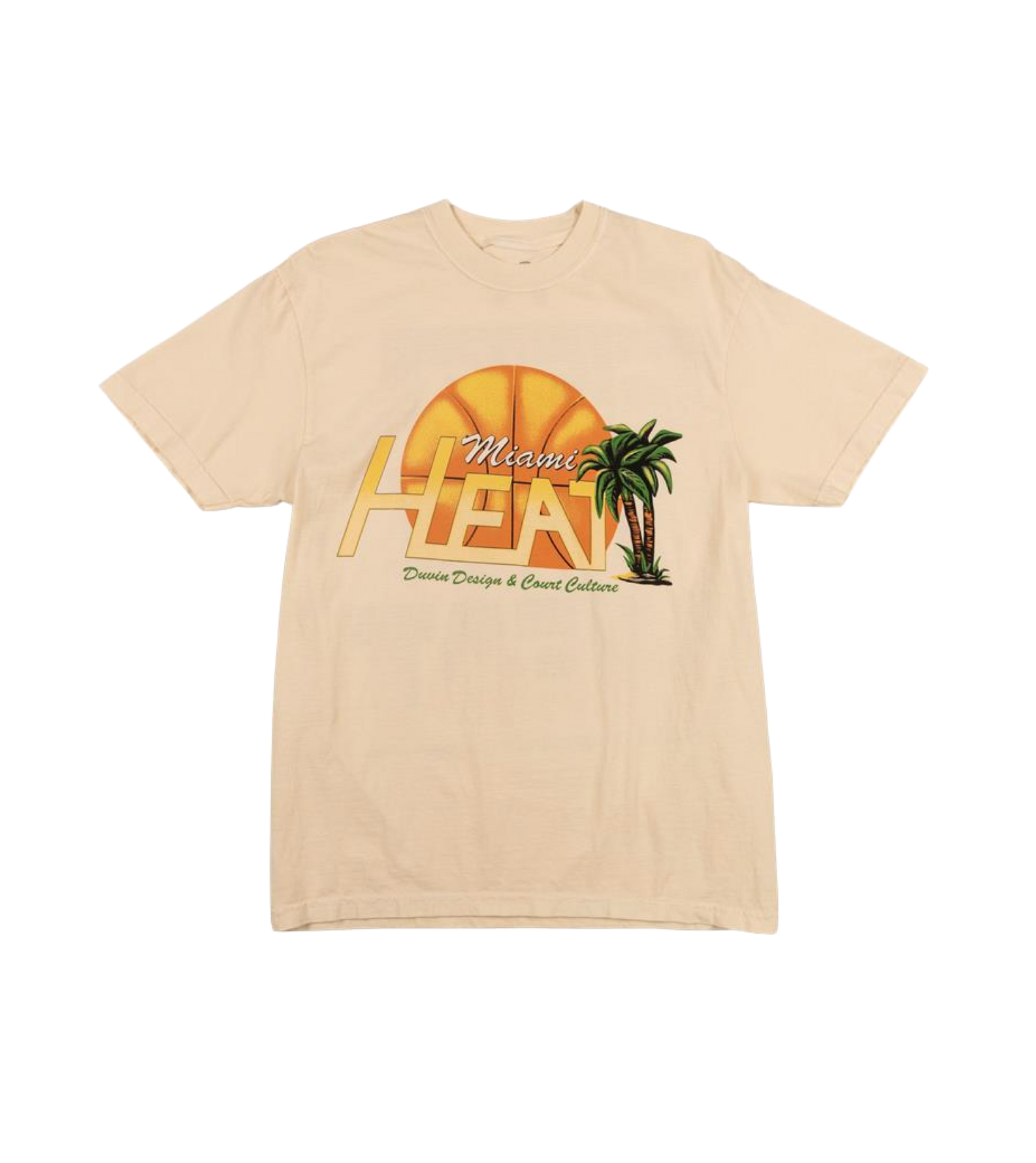 The Court Culture x Duvin Flames Tee is a beige, midweight cotton shirt with Miami Heat graphics, 