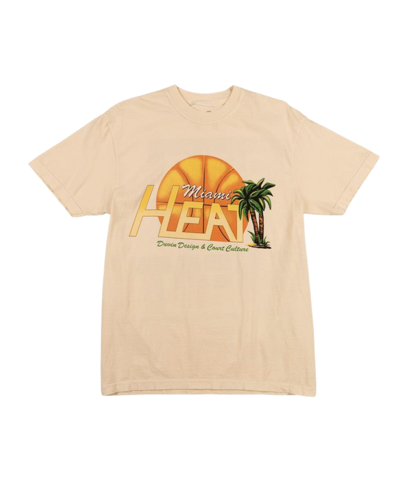 The Court Culture x Duvin Flames Tee is a beige, midweight cotton shirt with Miami Heat graphics, 