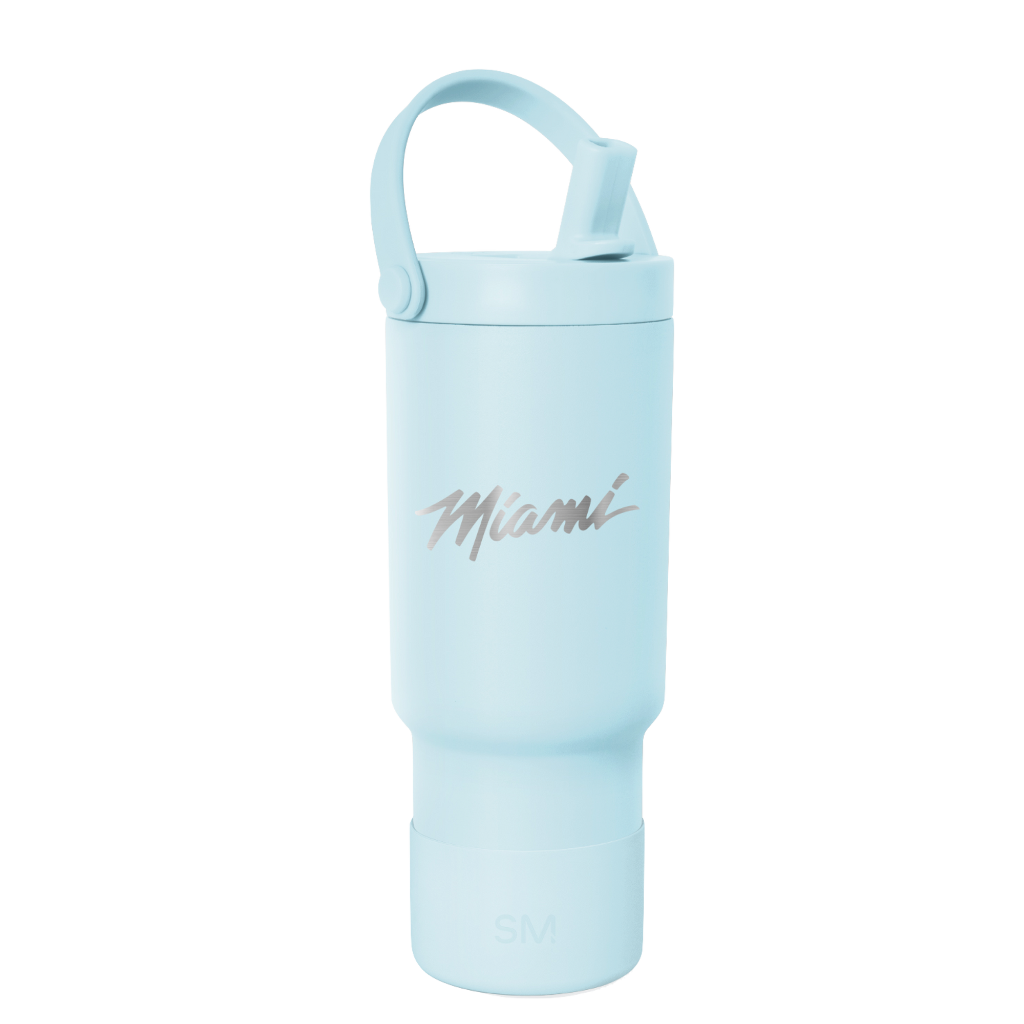 The Simple Modern Miami HEAT Original Vice Nights 24oz Pivot Tumbler is a light blue, BPA-free tumbler with double wall insulation, a handle, and a leakproof straw lid, featuring “Miami” in silver script on the front.