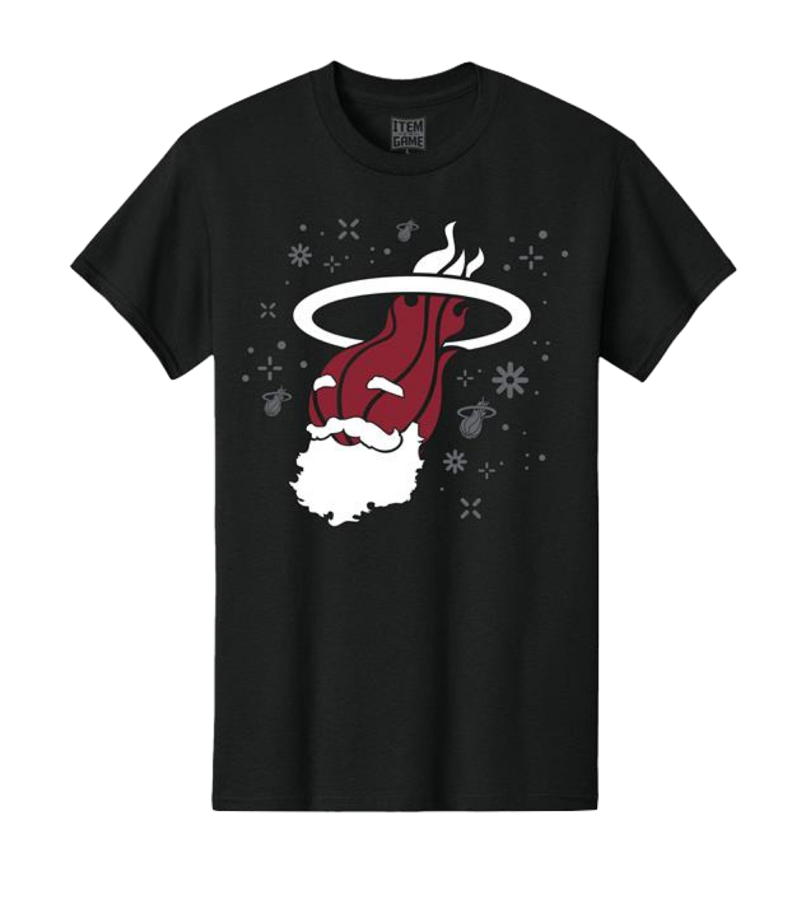 The Ho Ho HEAT Tee by Item Of The Game is a black cotton shirt with the Miami Heat logo, a Santa beard, halo, snowflakes, and team icons; standard fit and machine wash cold.