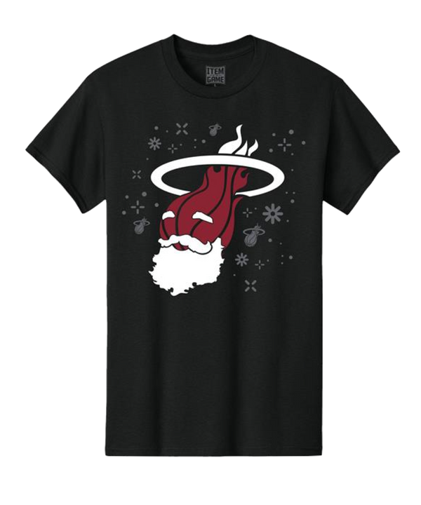 The Ho Ho HEAT Tee by Item Of The Game is a black cotton shirt with the Miami Heat logo, a Santa beard, halo, snowflakes, and team icons; standard fit and machine wash cold.