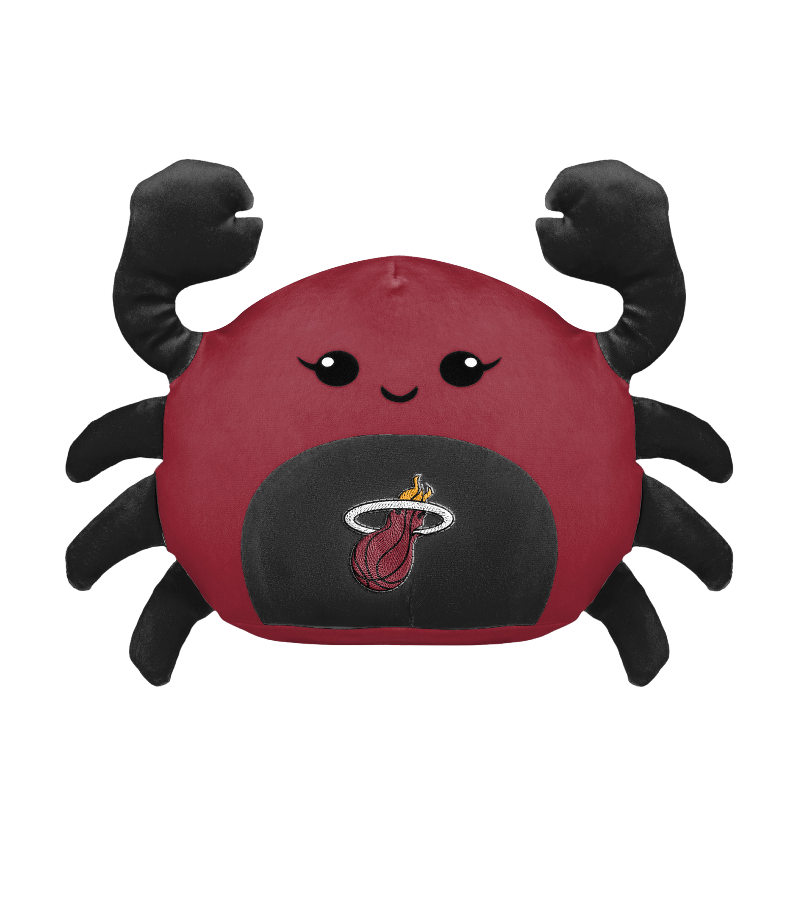 The Forever Collectibles Miami HEAT Squishy Crab Plushie is a 10in red plush toy with black claws and legs, a smiling face, big eyes, soft polyester fiber, and the Miami HEAT logo on its belly. Surface washable.