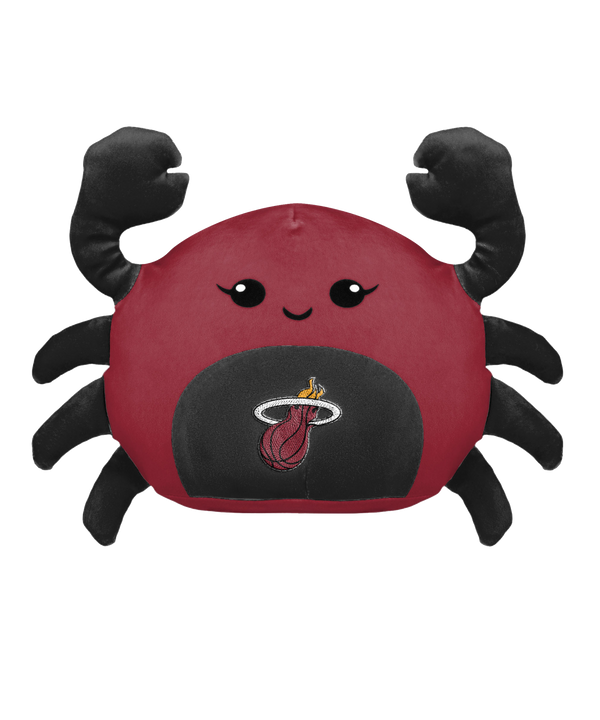 The Forever Collectibles Miami HEAT Squishy Crab Plushie is a 10in red plush toy with black claws and legs, a smiling face, big eyes, soft polyester fiber, and the Miami HEAT logo on its belly. Surface washable.
