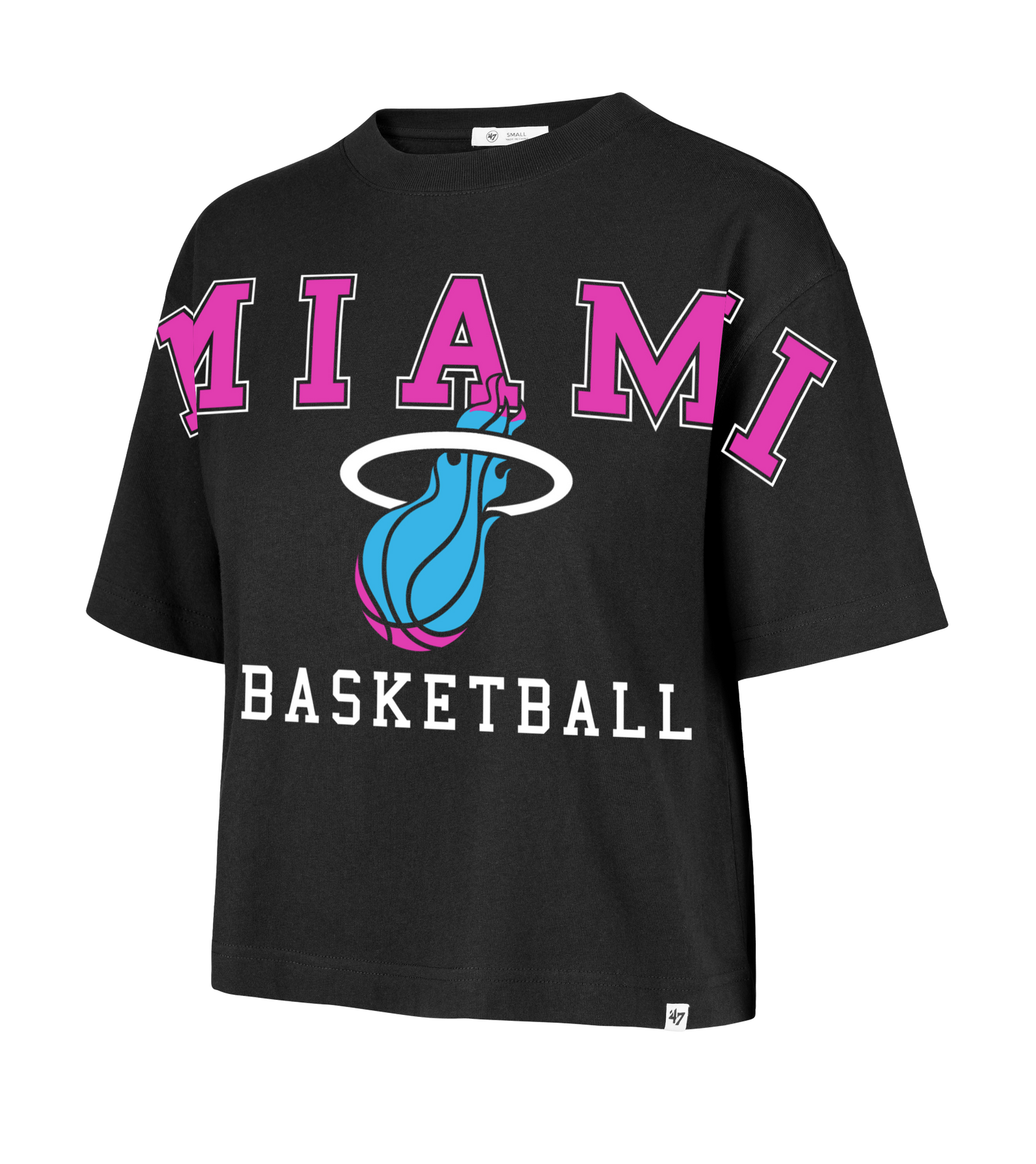 The '47 Brand Miami HEAT Original Vice Nights Basketball Women's Tee is a black 100% cotton cropped T-shirt with a relaxed fit, MIAMI in large pink letters, a blue flaming basketball logo, and BASKETBALL in white caps. Machine wash cold.