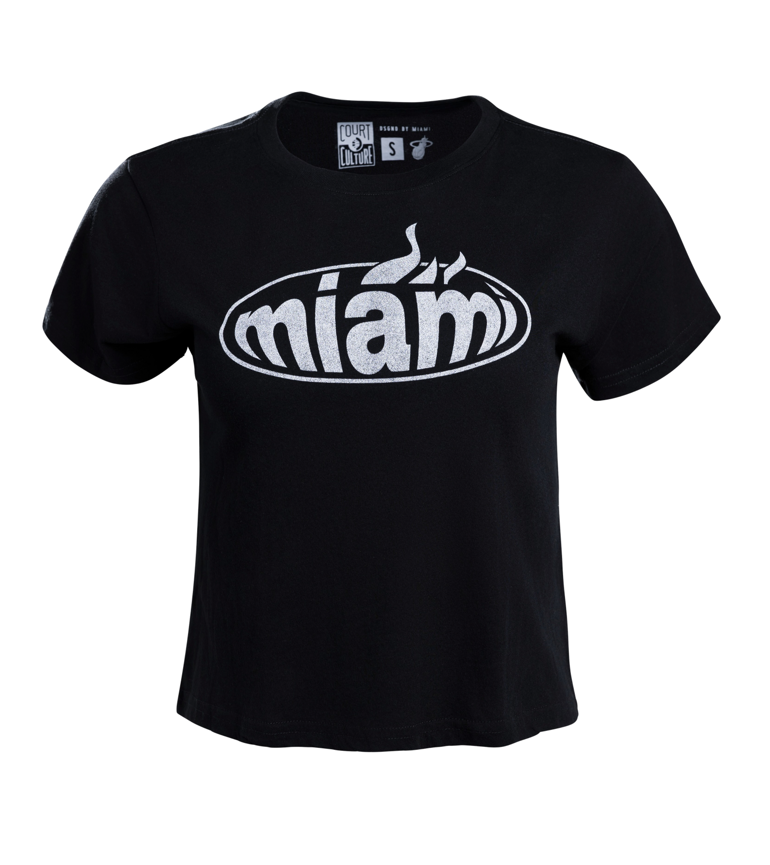 Introducing the Court Culture Oval Logo Crop by Court Culture—a black, short-sleeve cropped t-shirt crafted from soft cotton for ultimate comfort and style. Featuring ‘miam’ in bold white lettering across the front, with a unique steam effect rising from the “i,” this tee is perfect for everyday wear. To maintain its fresh look, machine wash cold and tumble dry low.