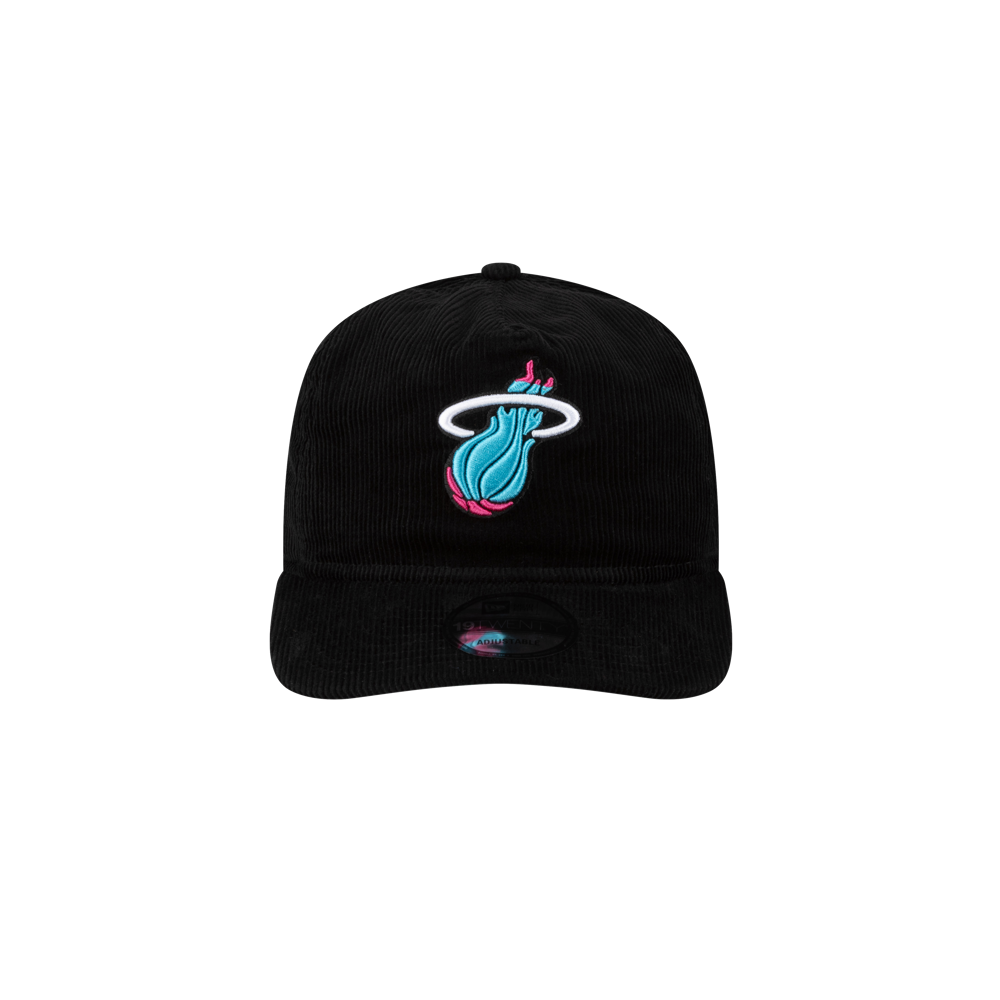 The Court Culture Original Vice Nights Logo Snapback is a black corduroy cotton cap with the Miami Heat logo in teal, pink, and white embroidery. One size fits most; spot clean only. Displayed on a plain white background.