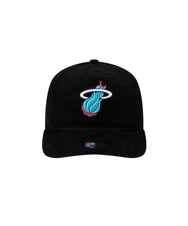 The Court Culture Original Vice Nights Logo Snapback is a black corduroy cotton cap with the Miami Heat logo in teal, pink, and white embroidery. One size fits most; spot clean only. Displayed on a plain white background.