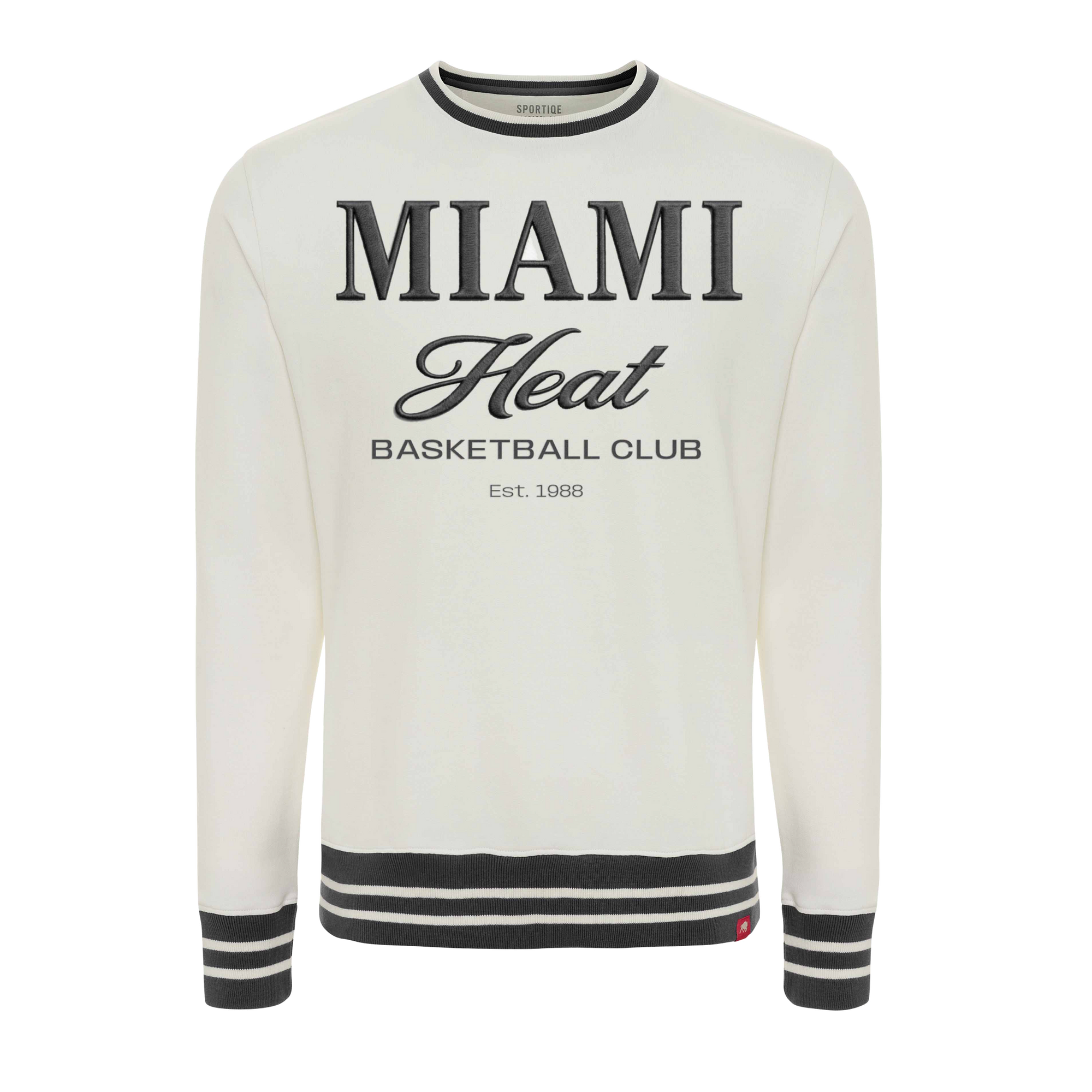 The Sportiqe Miami HEAT Basketball Club Crewneck is a white, machine washable sweatshirt with black striped cuffs and hem, featuring bold 