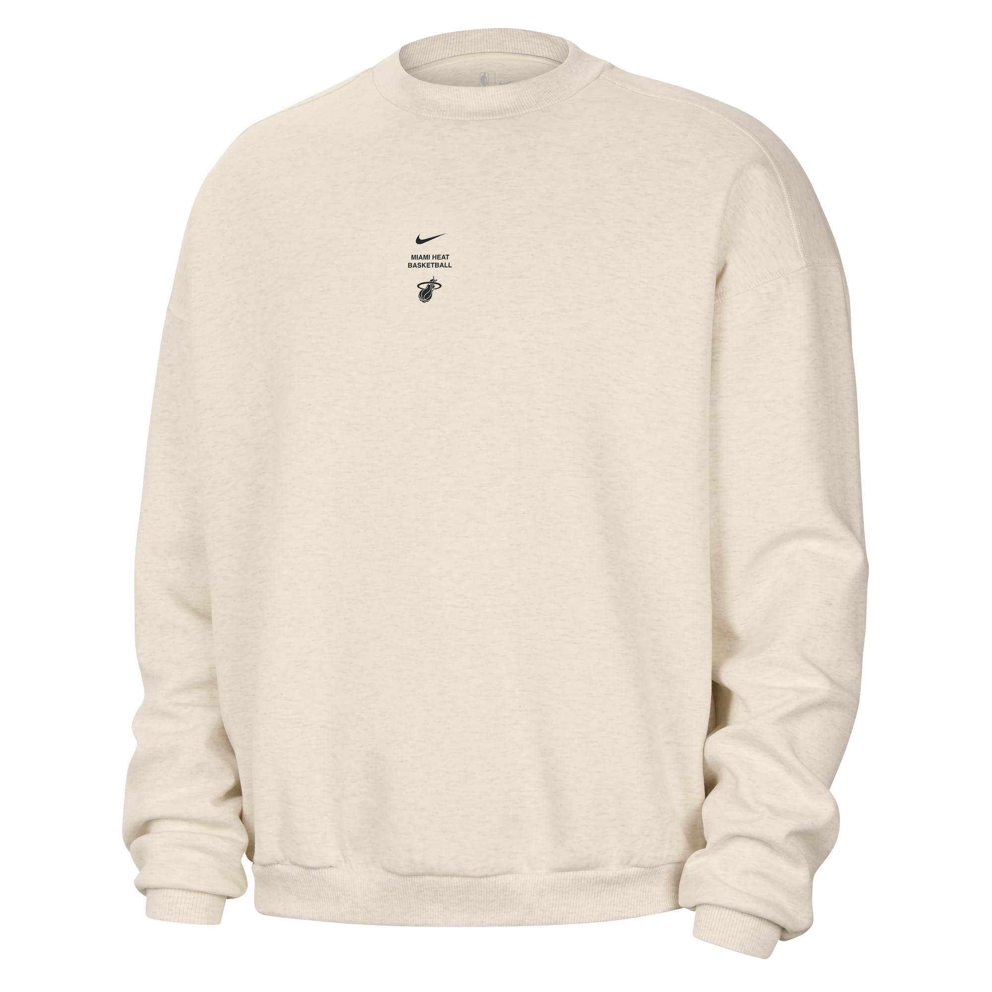 Nike Miami HEAT Standard Issue Stretch Ivory Crewneck in a loose fit, featuring a small graphic on the chest with a logo, the text MIAMI HEAT BASKETBALL, and a basketball icon.
