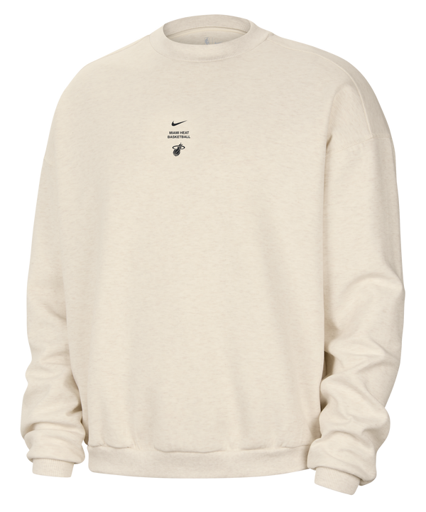 Nike Miami HEAT Standard Issue Stretch Ivory Crewneck in a loose fit, featuring a small graphic on the chest with a logo, the text MIAMI HEAT BASKETBALL, and a basketball icon.
