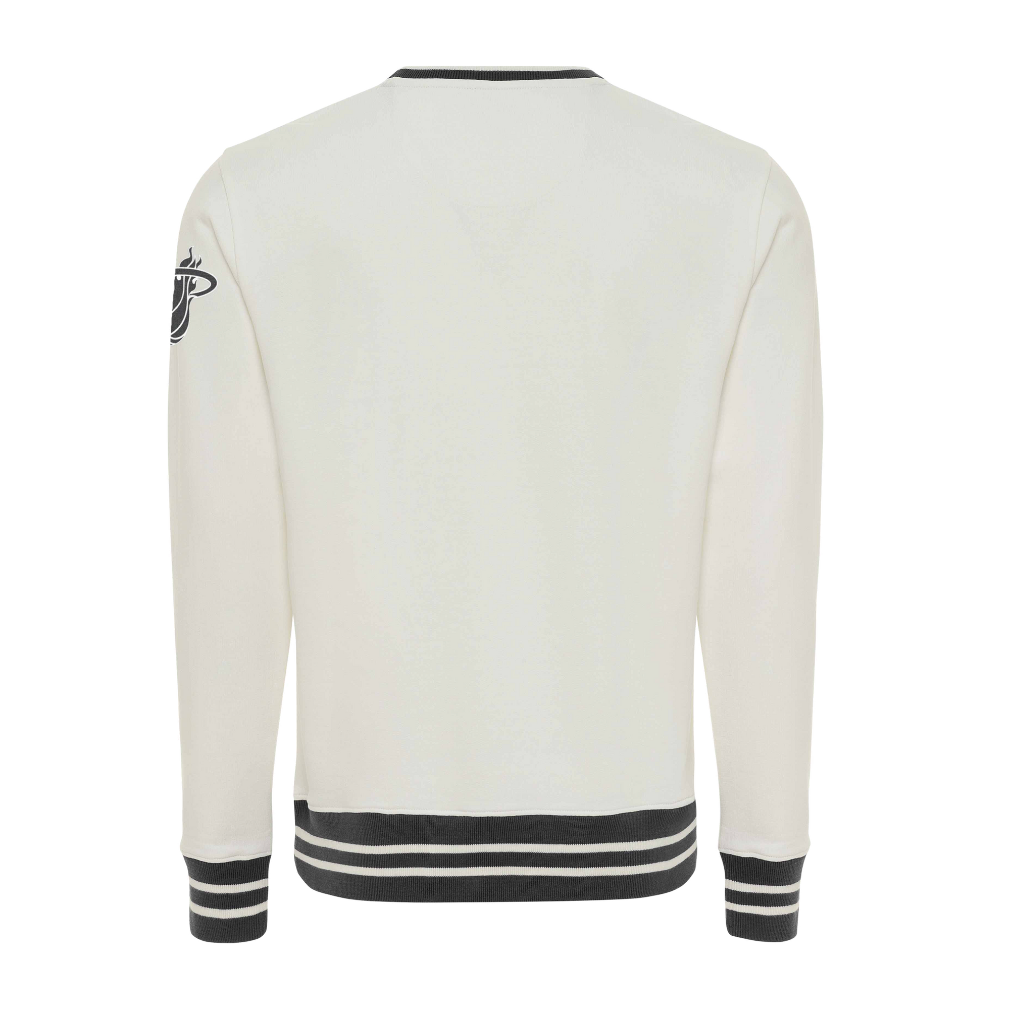 The Sportiqe Miami HEAT Basketball Club Crewneck by Sportiqe features black and white striped cuffs, hem, and collar, a Miami Heat logo on the upper left sleeve, and a standard fit for comfort and easy style.