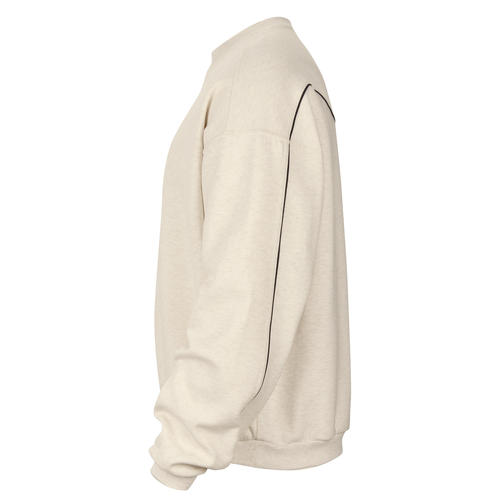 Side view of a loose fit, light beige Nike Miami HEAT Standard Issue Stretch Ivory Crewneck featuring black piping along the sleeves and shoulders.