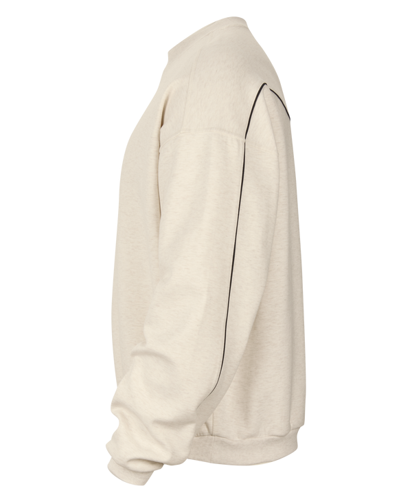 Nike Miami HEAT Standard Issue Stretch Ivory Crewneck in a loose fit, featuring a small graphic on the chest with a logo, the text MIAMI HEAT BASKETBALL, and a basketball icon.