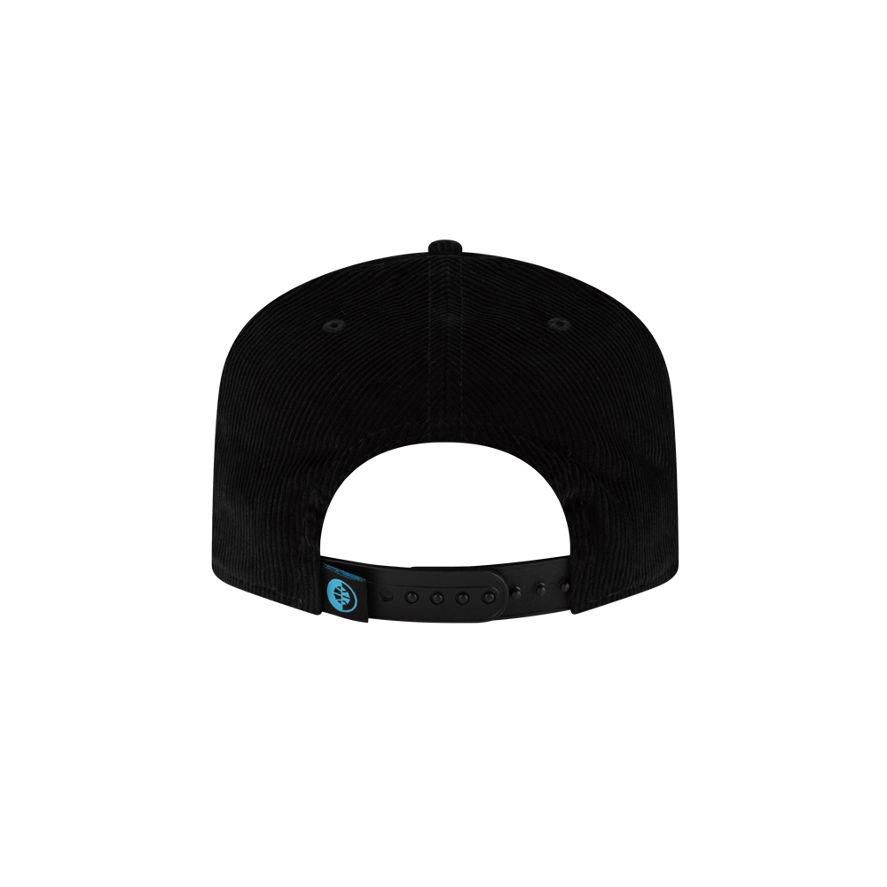 The Court Culture Original Vice Nights Logo Snapback is a black cotton cap shown from the back, with an adjustable snapback closure and a small blue tag with a circular logo. One size fits most, spot clean only. Displayed on a plain white background.