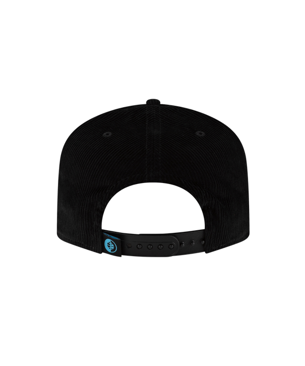 The Court Culture Original Vice Nights Logo Snapback is a black corduroy cotton cap with the Miami Heat logo in teal, pink, and white embroidery. One size fits most; spot clean only. Displayed on a plain white background.