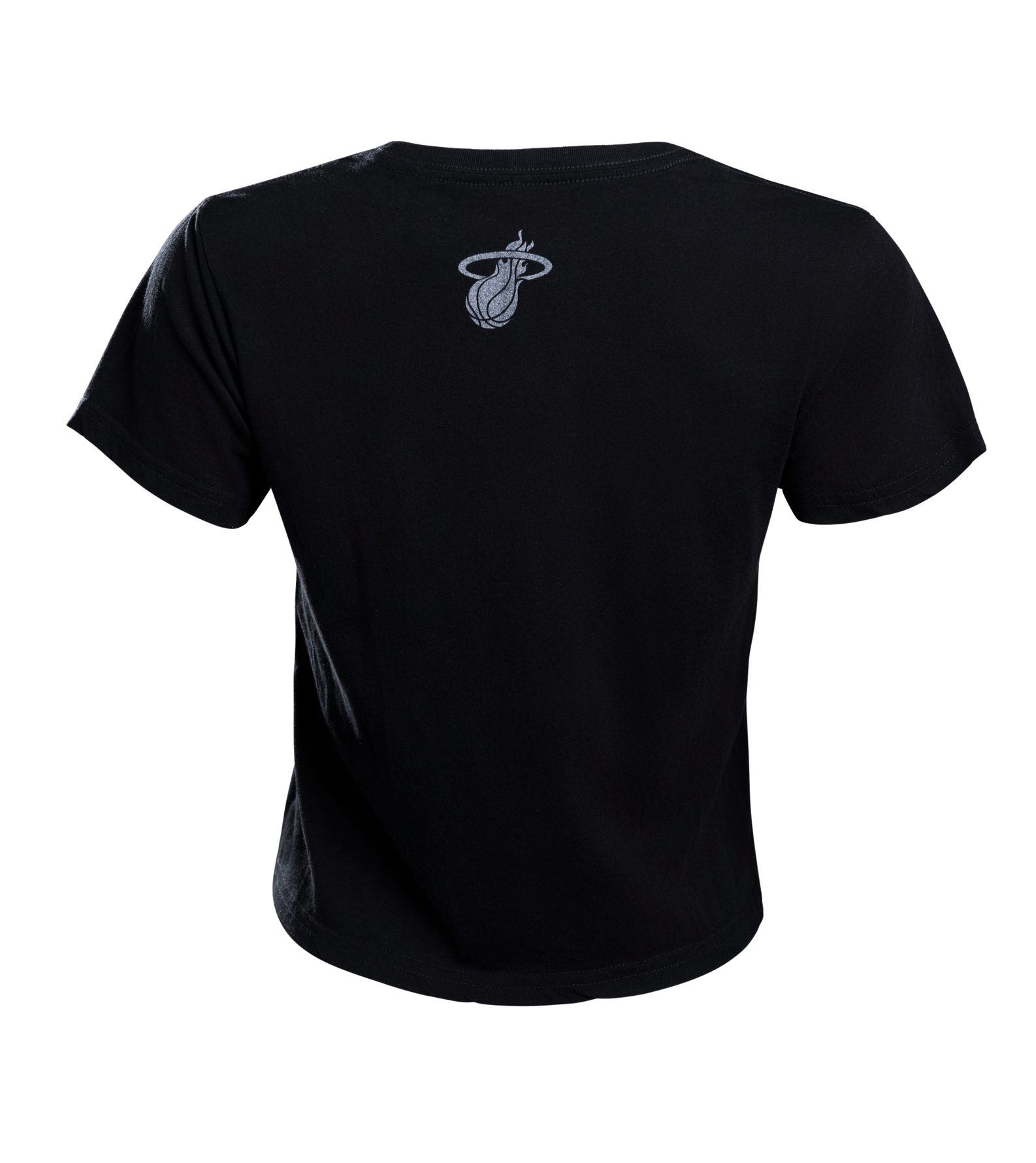 Black short-sleeved Court Culture Oval Logo Crop T-shirt shown from the back, featuring a small Miami Heat basketball team logo at the upper center below the neckline. Crafted in soft cotton by Court Culture with a cropped fit, this tee is easy to care for—machine wash cold and tumble dry low for lasting comfort and style.