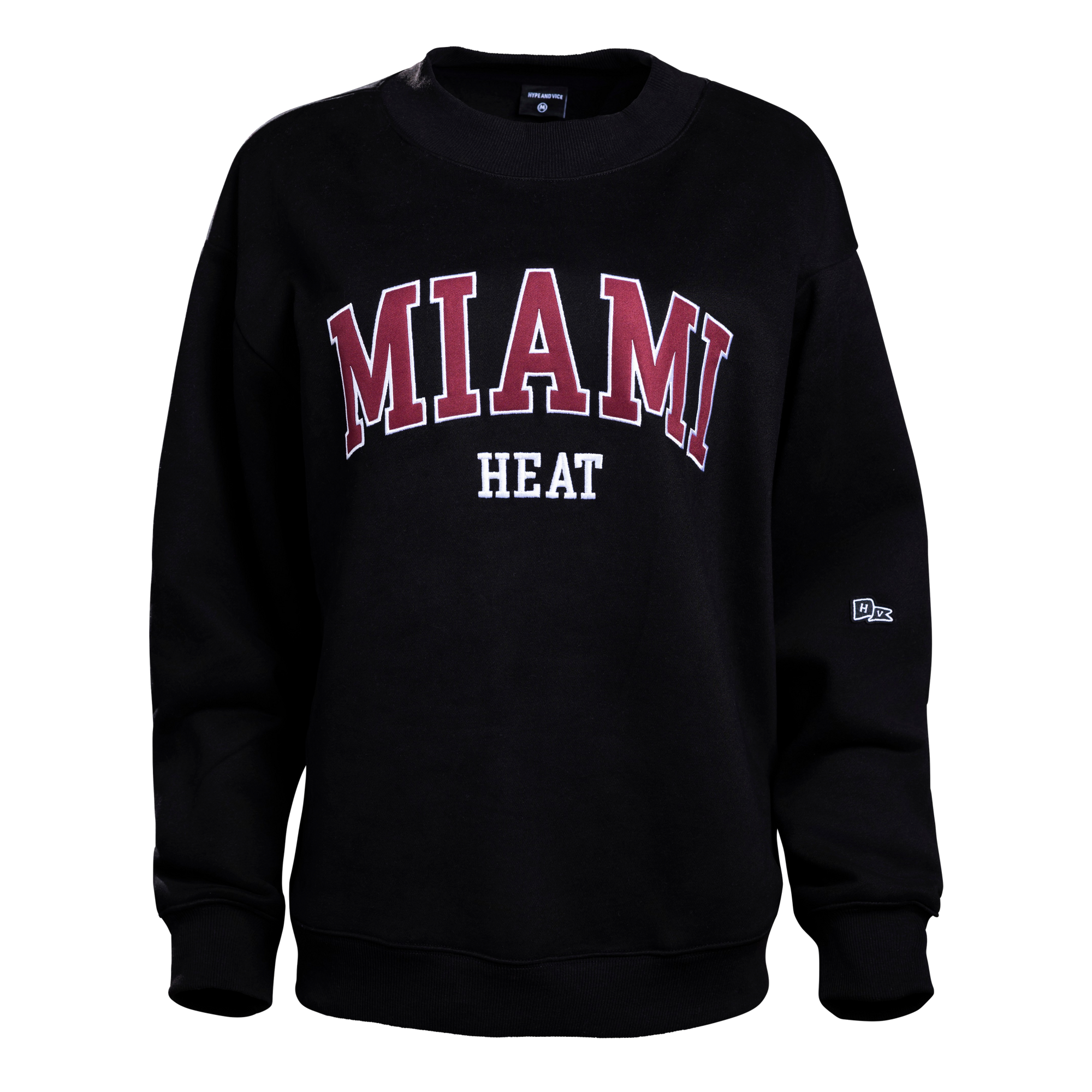 Introducing the Court Culture x Hype & Vice Mockneck by Court Culture: This black, oversized fit sweatshirt features bold MIAMI lettering in large red and white on the front, with “HEAT” in smaller white letters underneath. Designed for comfort with a cozy mock neck and finished with a subtle logo on the left sleeve.