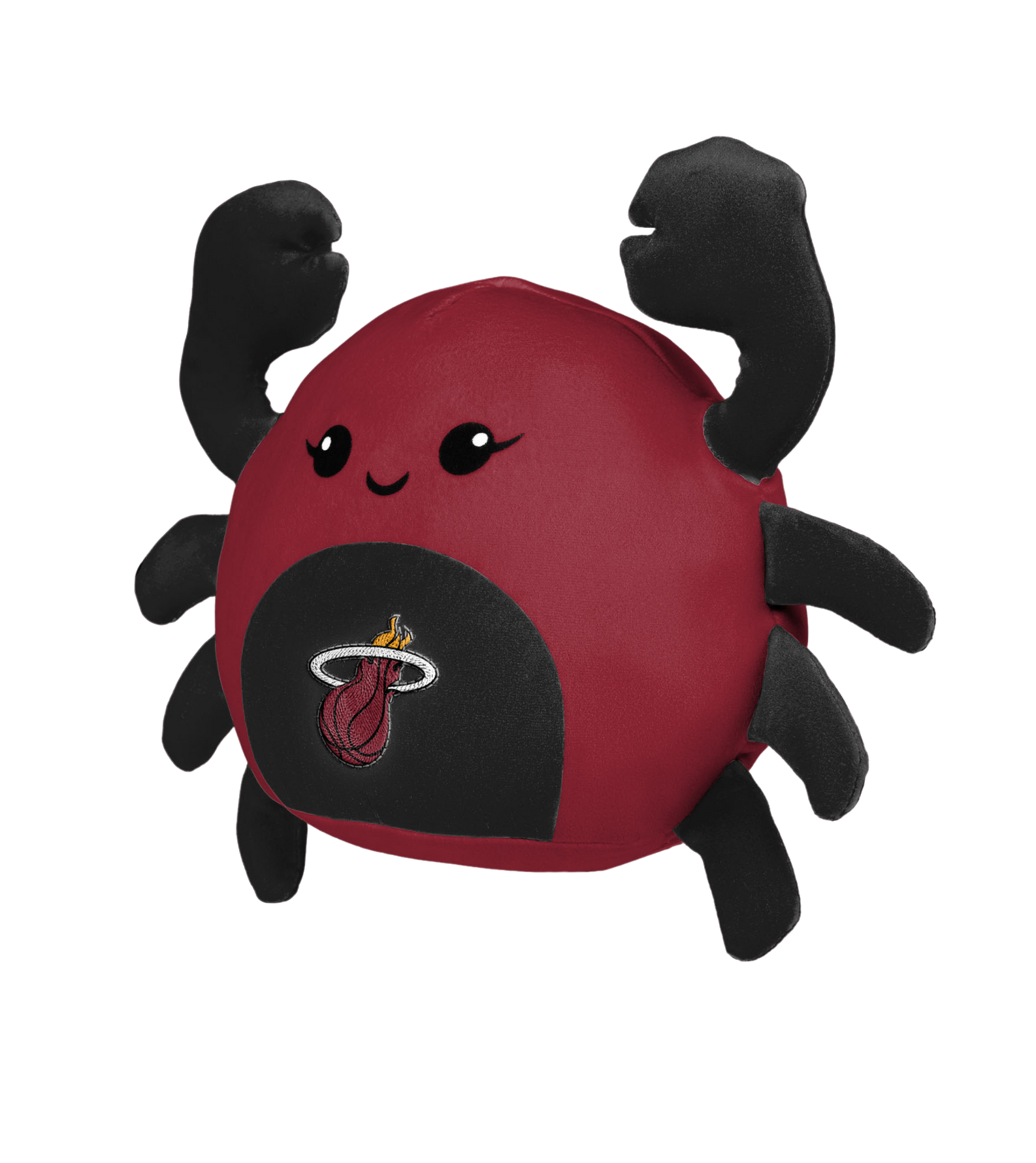 The Miami HEAT Squishy Crab Plushie by Forever Collectibles is a 10in plush red crab with a smiling face and raised claws, featuring the team logo on the front. Made of soft polyester fiber and surface washable. Plain white background.