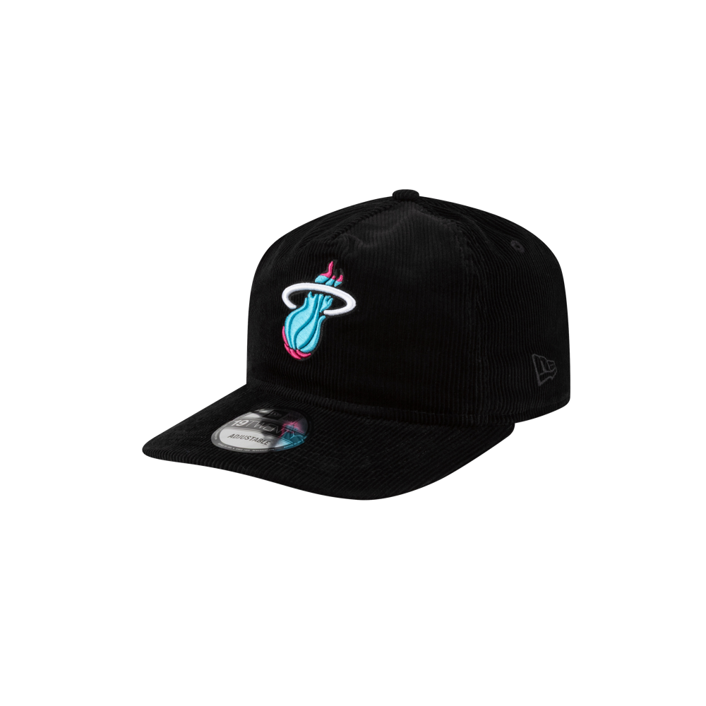 The Court Culture Original Vice Nights Logo Snapback is a black corduroy cotton cap with the Miami Heat logo in blue, pink, and white. Features a curved brim, New Era sticker, and an adjustable fit. One size fits most; spot clean for best care.