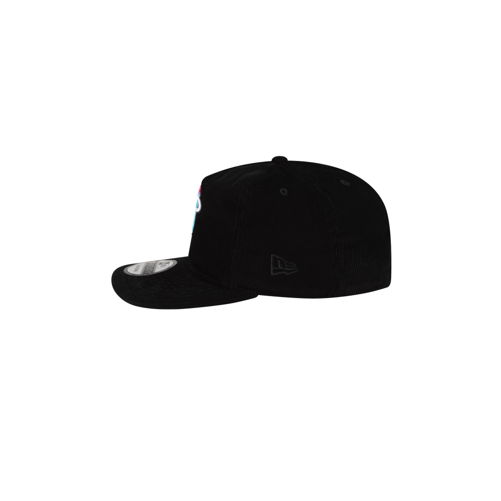 The Court Culture Original Vice Nights Logo Snapback is a black corduroy cotton cap with a flat brim and side embroidery. One size fits most; spot clean only. Shown from the side on a plain white background.
