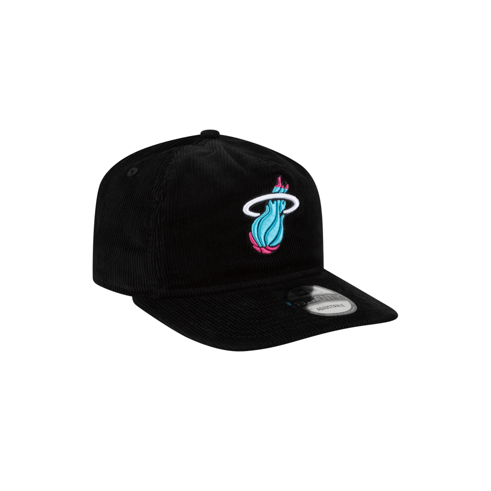 The Court Culture Original Vice Nights Logo Snapback is a black corduroy cotton cap with a colorful Miami Heat flaming basketball logo on the front and a small brim sticker. One size fits most; spot clean only.