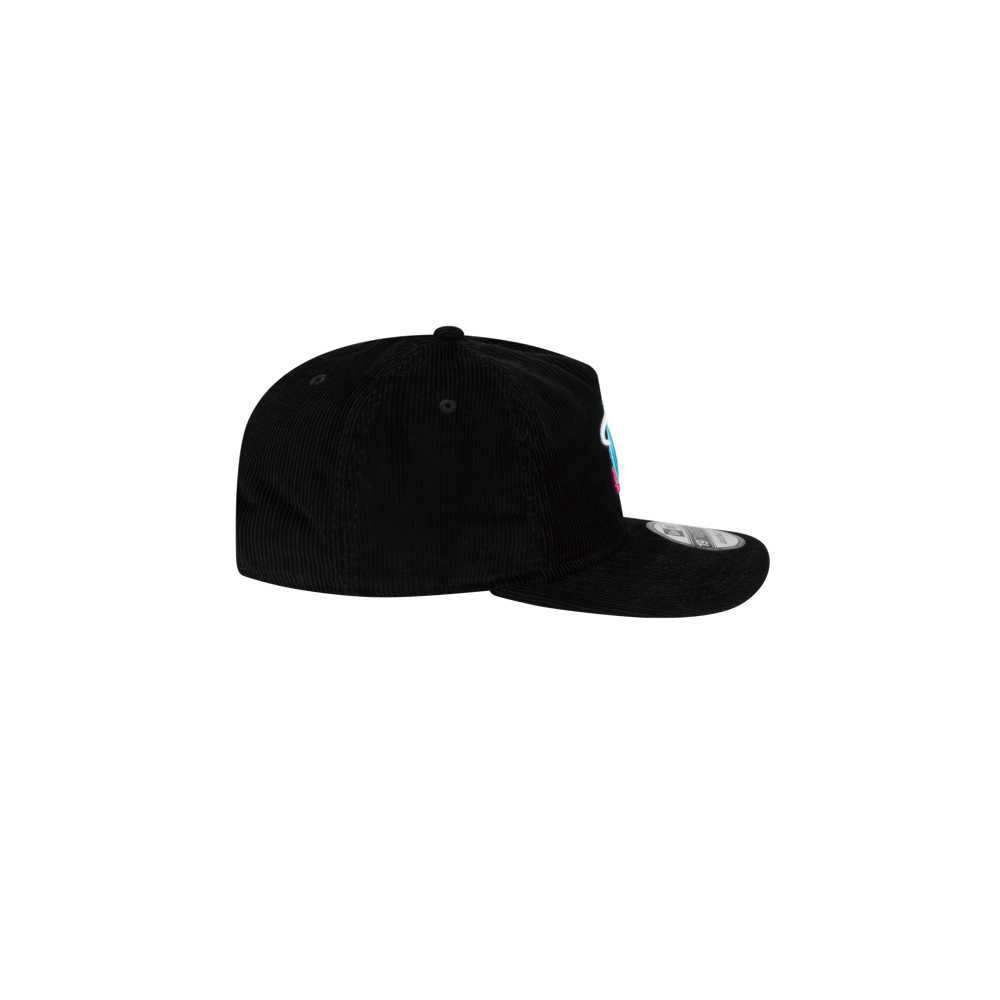 The Court Culture Original Vice Nights Logo Snapback is a black corduroy cotton cap with a flat brim and visible stitching, shown from the side on a plain white background. One size fits most; spot clean for best care.