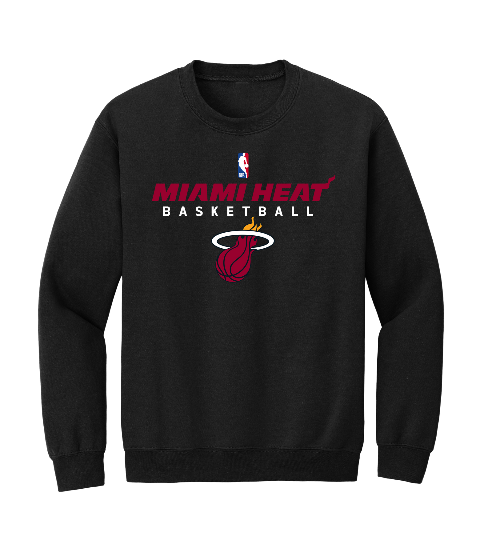 The Item Of The Game Miami HEAT NBA Basketball Crewneck is a black, standard-fit cotton-polyester sweatshirt featuring the NBA logo, 