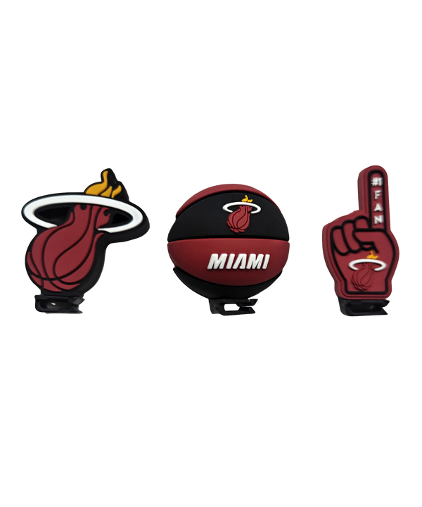 The Miami HEAT 3-Pack 3D Croc Charms by Forever Collectibles features a flaming basketball logo, MIAMI basketball, and #1 FAN foam finger. Officially licensed, perfect for footwear, each charm is set against a plain white background.