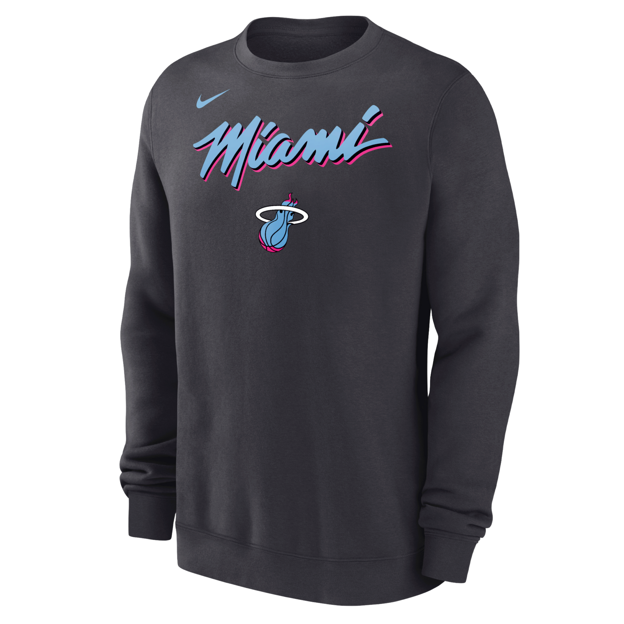 The Nike Miami HEAT Original Vice Nights Crewneck is a black standard-fit sweatshirt featuring the team logo and pink-and-blue “Miami” script, made from a cotton-polyester blend with long sleeves and a crew neck. Wash with like colors.