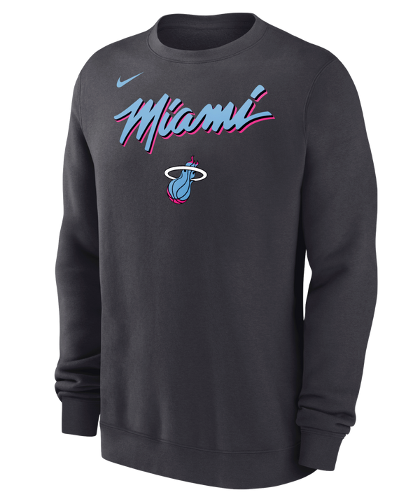 The Nike Miami HEAT Original Vice Nights Crewneck is a black standard-fit sweatshirt featuring the team logo and pink-and-blue “Miami” script, made from a cotton-polyester blend with long sleeves and a crew neck. Wash with like colors.