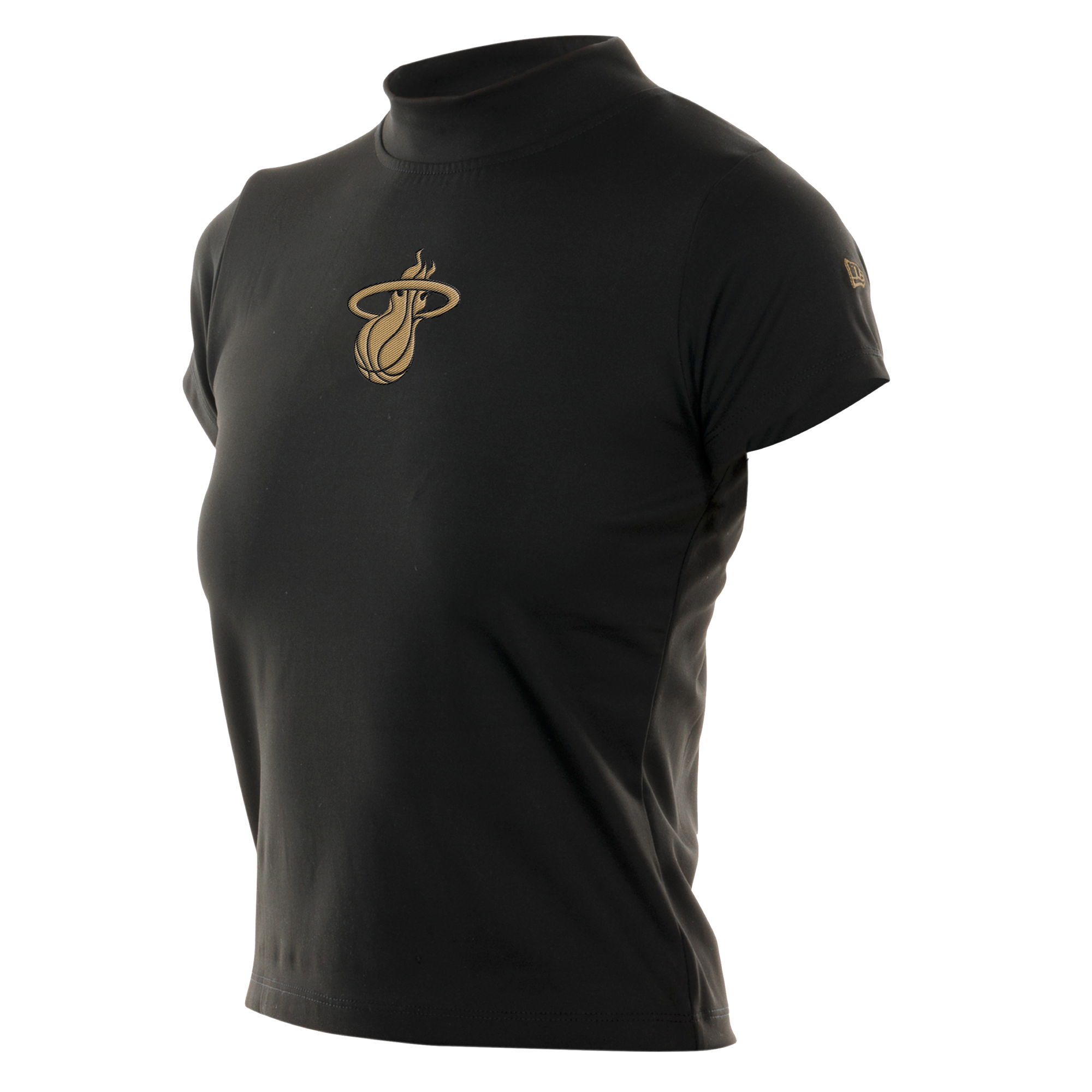 The New Era Miami HEAT Women's Mock Neck Tee is a black fitted short-sleeve shirt with a gold Miami Heat basketball logo on the chest and a small gold emblem on the sleeve, made from a nylon-elastane blend, shown on a white background.