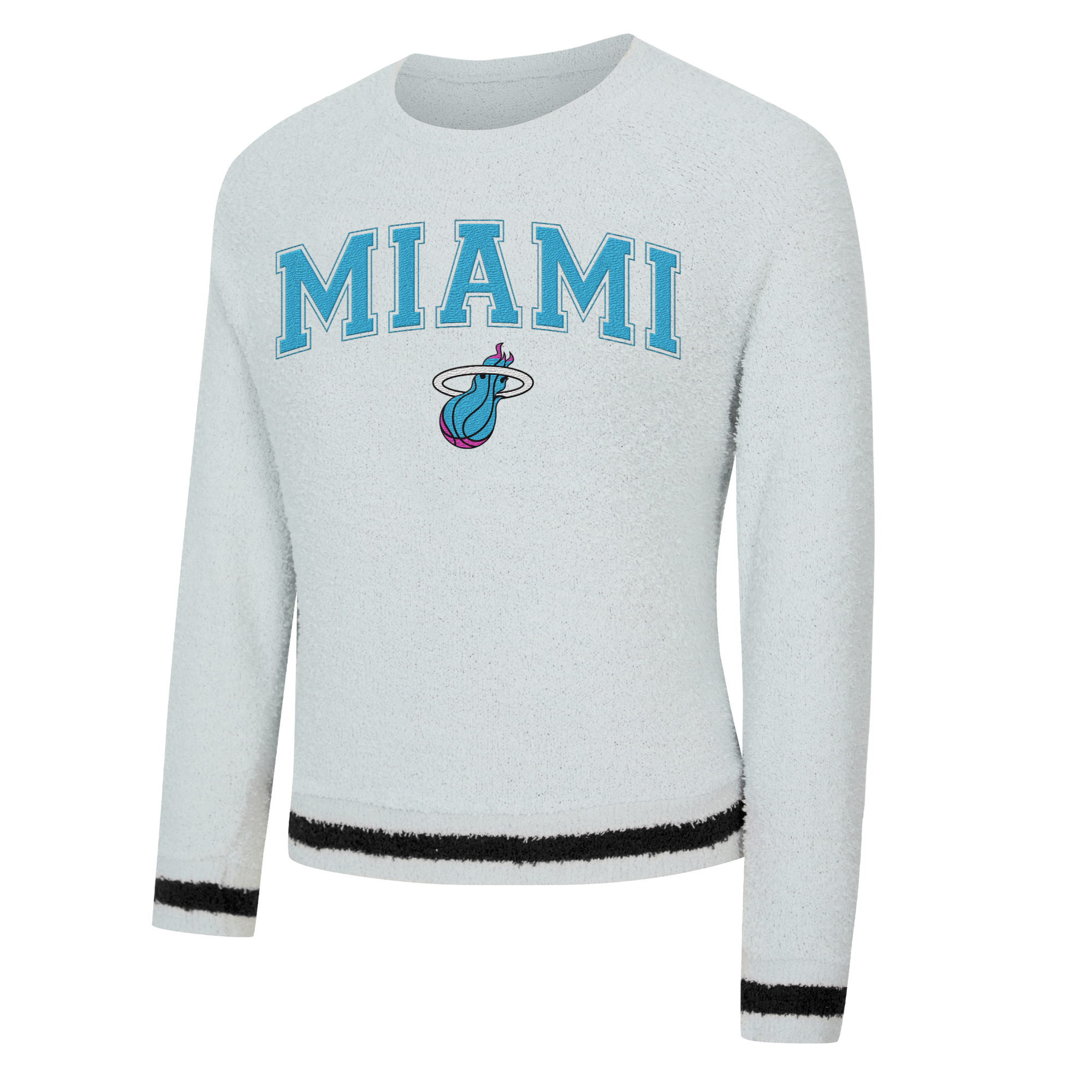 The Concepts Sports Miami HEAT Original Vice Nights Women's Crewneck is a white, oversized 100% cotton sweater featuring blue MIAMI lettering, the Miami Heat logo, black stripes on sleeves and hem, and is machine washable.