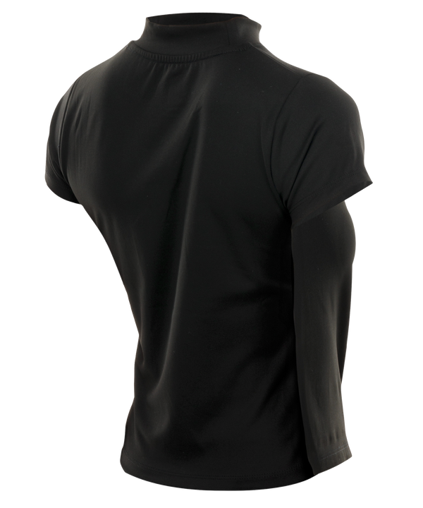 The New Era Miami HEAT Women's Mock Neck Tee is a black fitted short-sleeve shirt with a gold Miami Heat basketball logo on the chest and a small gold emblem on the sleeve, made from a nylon-elastane blend, shown on a white background.