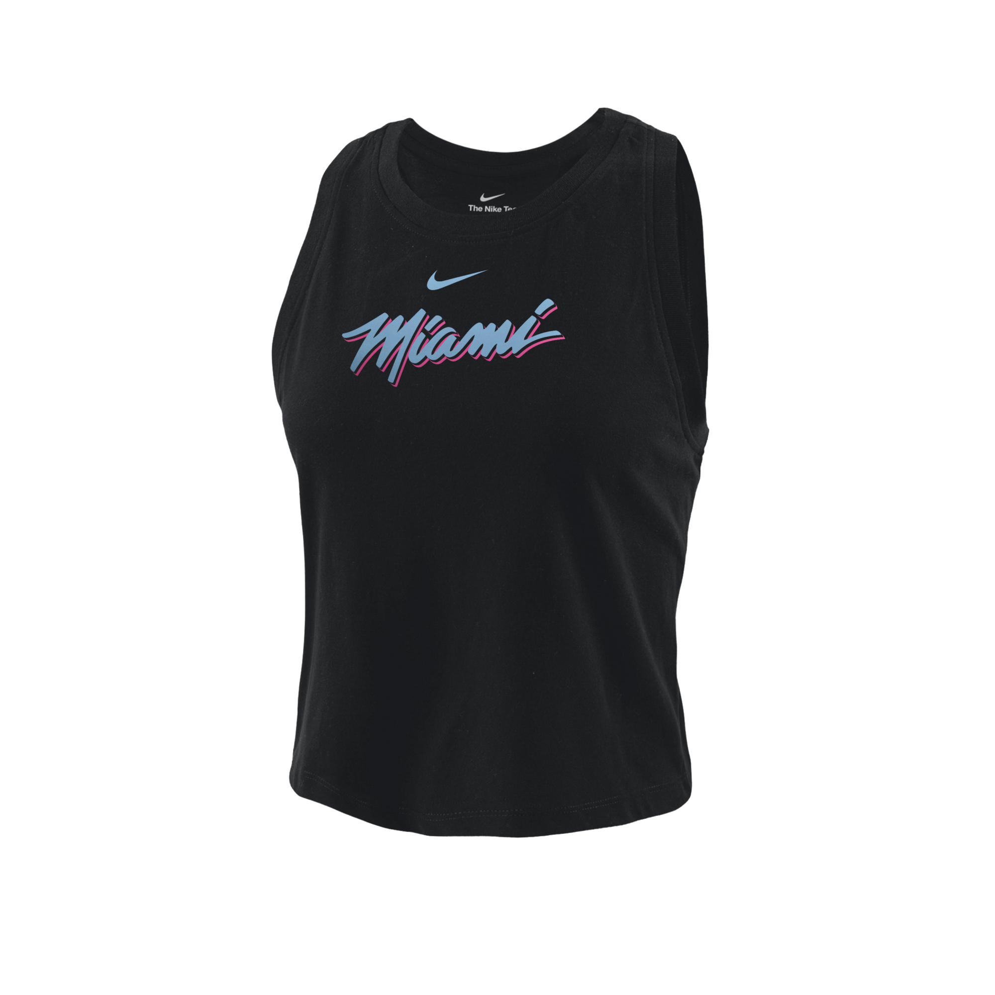 The Nike Miami HEAT Original Vice Nights Cropped Women's Tank features “Miami” in pink and blue script with a blue swoosh on black. Made from a cotton-polyester blend. Displayed on a white background. Wash with like colors.