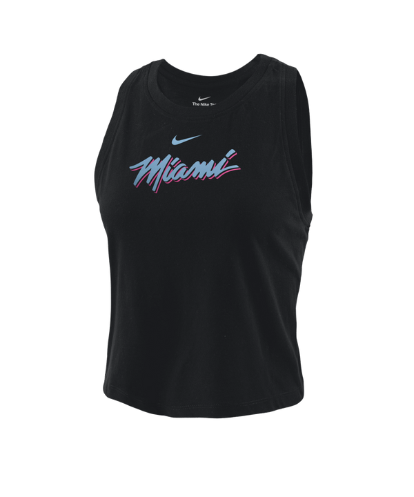 The Nike Miami HEAT Original Vice Nights Cropped Women's Tank features “Miami” in pink and blue script with a blue swoosh on black. Made from a cotton-polyester blend. Displayed on a white background. Wash with like colors.