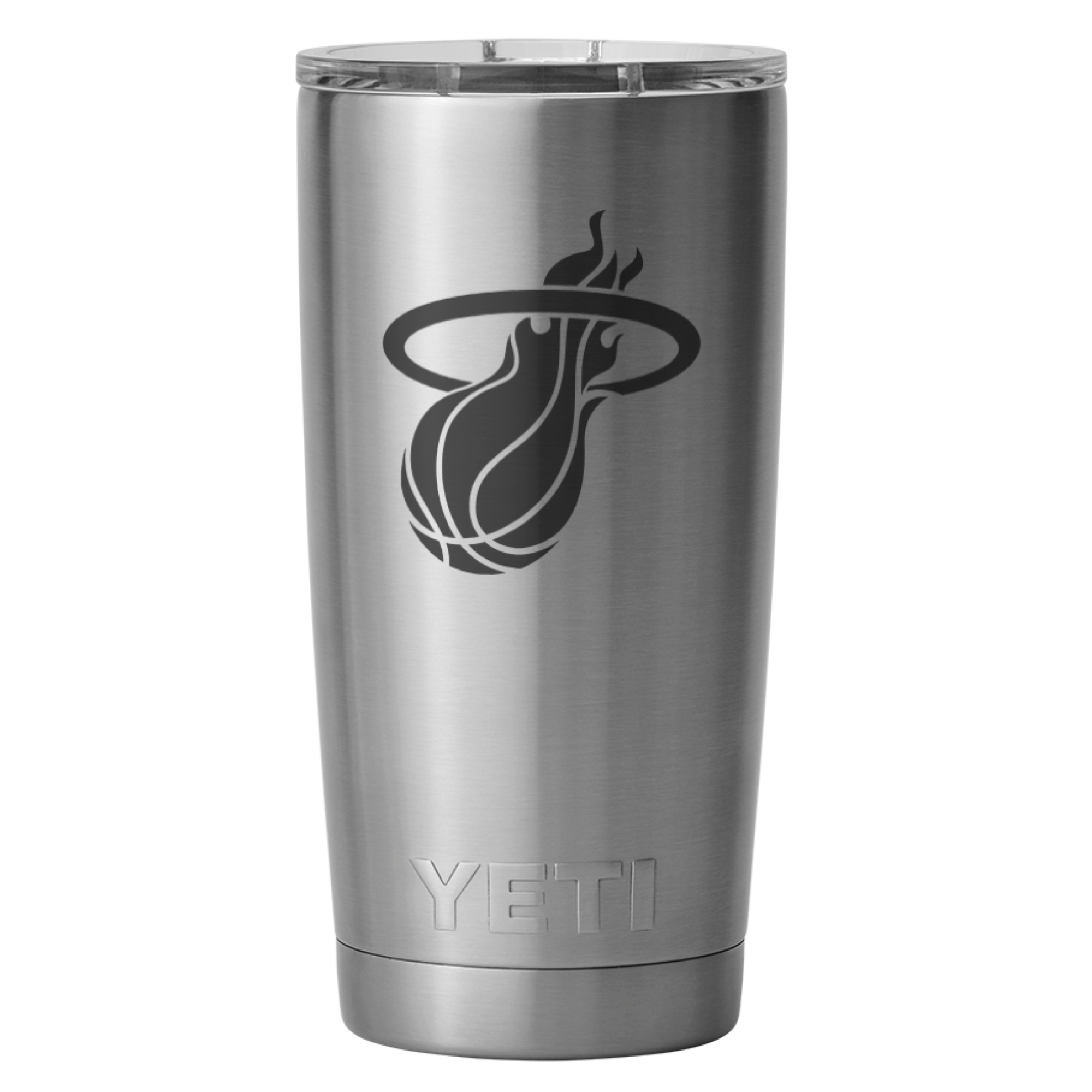 The Yeti Miami HEAT 20oz Rambler Tumbler is a vacuum-insulated stainless steel tumbler with a clear lid, featuring the Miami Heat logo engraved on the front.