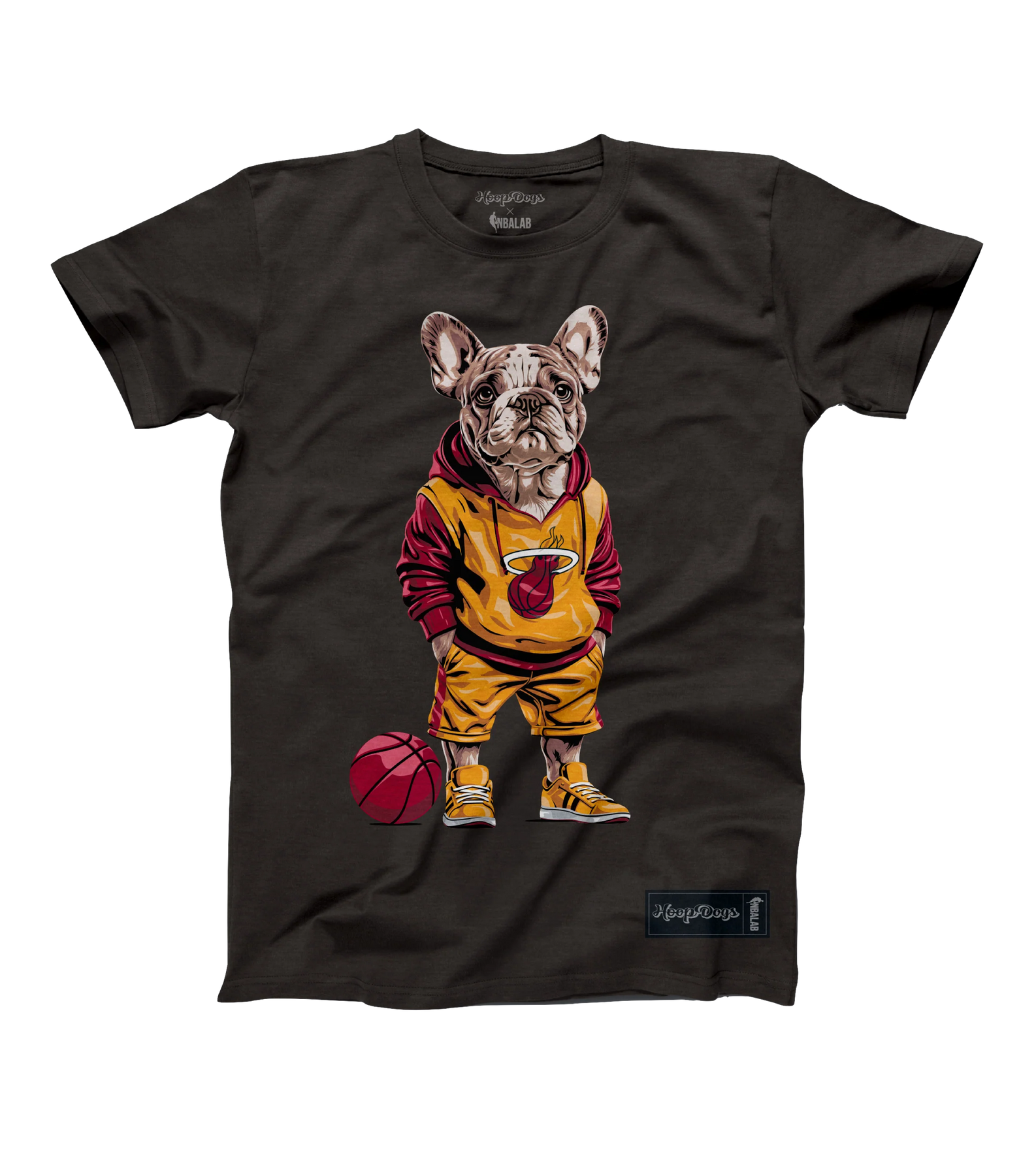 The Hoop Dogs Miami HEAT French Bulldog Tee by Hoop Dogs is a black recycled cotton T-shirt featuring an illustrated loyal French Bulldog in basketball attire standing next to a red basketball.