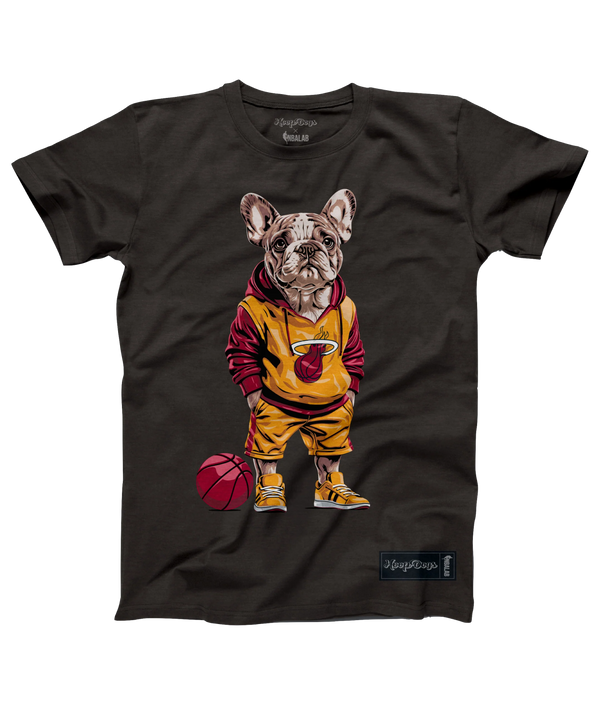 The Hoop Dogs Miami HEAT French Bulldog Tee by Hoop Dogs is a black recycled cotton T-shirt featuring an illustrated loyal French Bulldog in basketball attire standing next to a red basketball.
