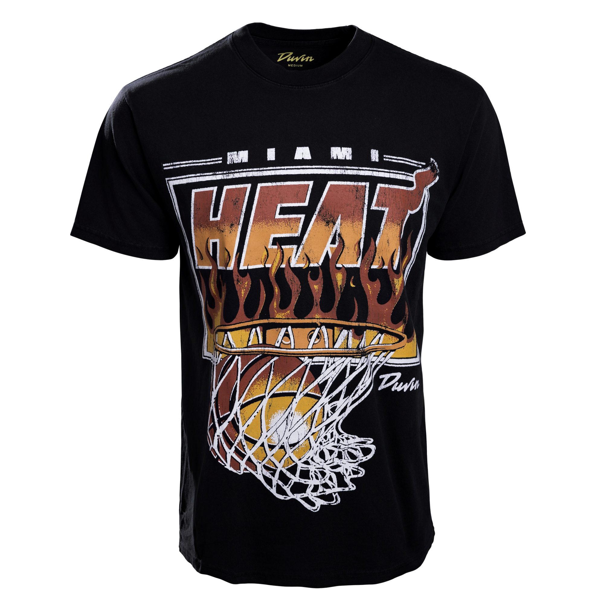 The Court Culture x Duvin “On Fire” Tee by Court Culture is a black heavyweight T-shirt showcasing a flaming basketball going through a net, with bold HEAT lettering above and MIAMI at the top. Made from premium cotton with a vintage wash, this tee offers an extra-soft feel and timeless style.