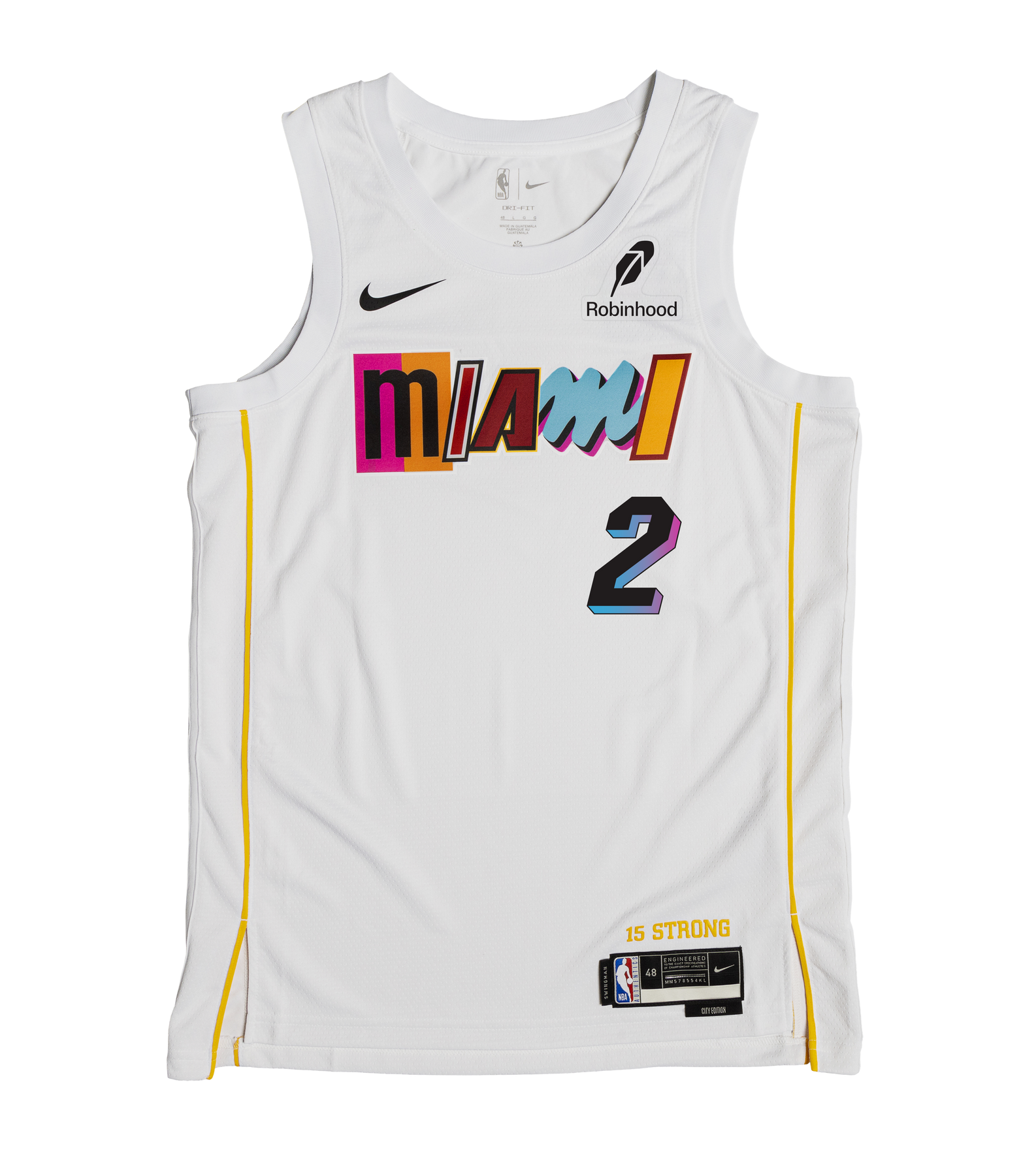 The Davion Mitchell Nike Miami Mashup Vol. 2 Swingman Jersey is a white, breathable polyester jersey with colorful 