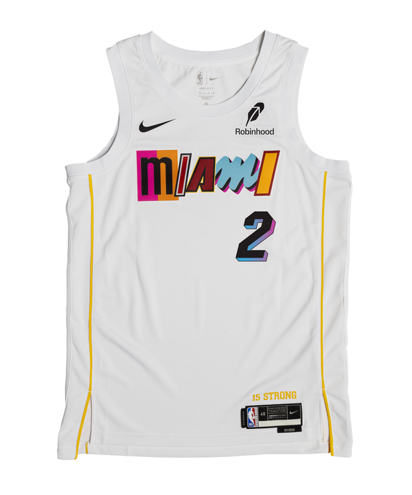 The Davion Mitchell Nike Miami Mashup Vol. 2 Swingman Jersey is a white, breathable polyester jersey with colorful 