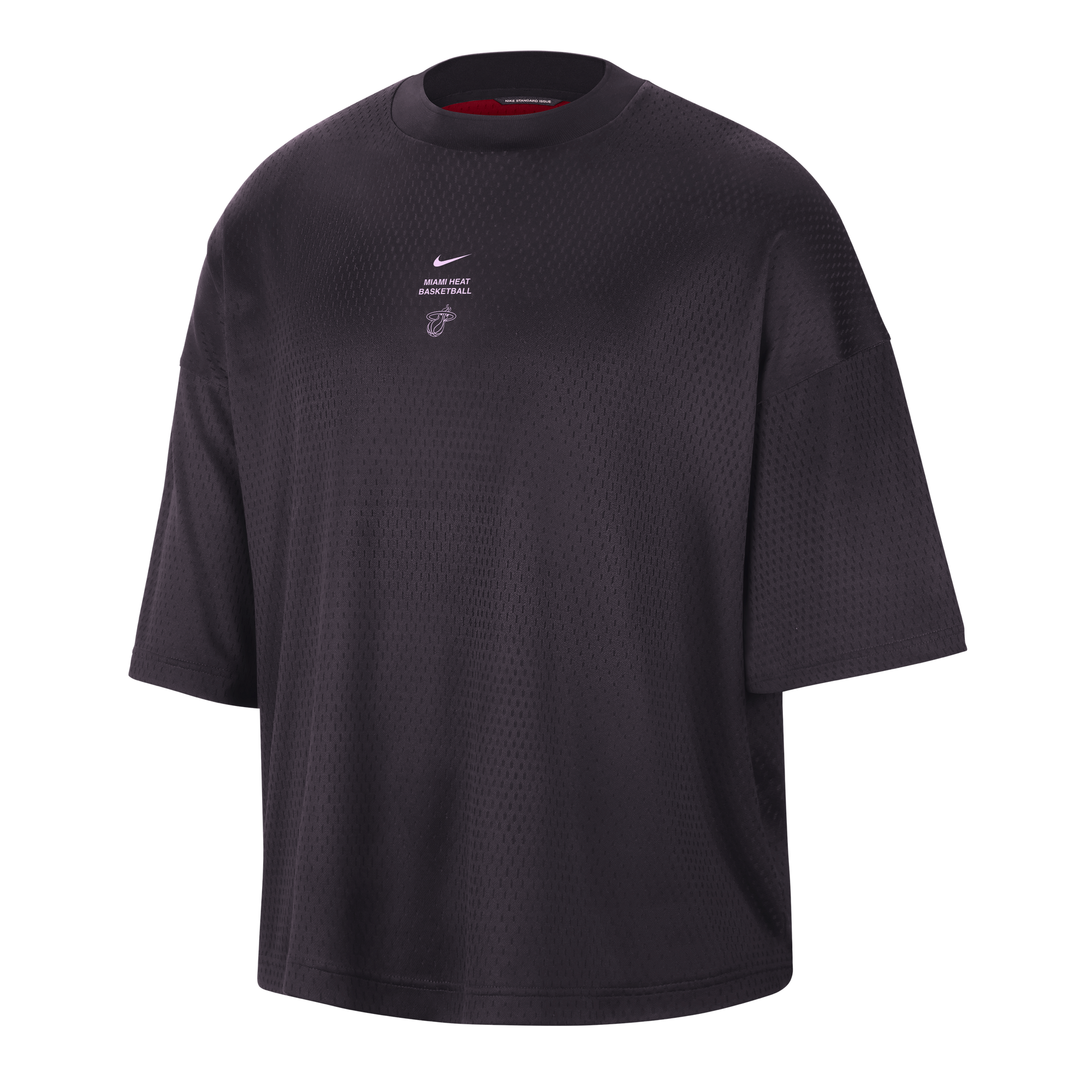 The Nike Miami HEAT Standard Issue Logo Game Tee is a loose-fitting, short-sleeve black t-shirt featuring a small white Nike logo and text on the chest. Crafted from washable polyester for a relaxed fit, it is displayed on a plain white background.