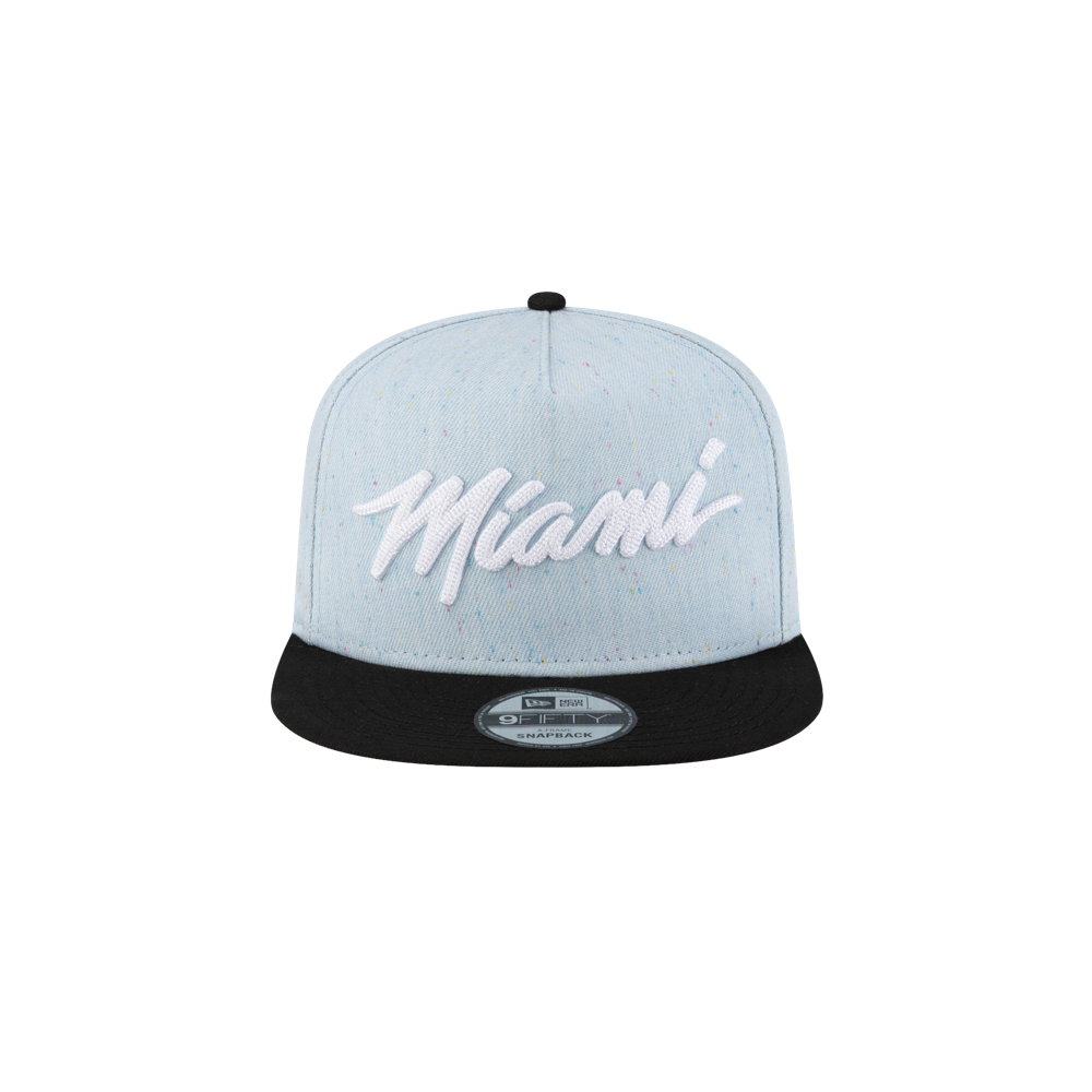 The Court Culture Original Vice Nights Wordmark Snapback in denim and black features “Miami” in bold white script on the front, a black cotton visor, a New Era sticker, and is one size fits most. Displayed against a plain white background.