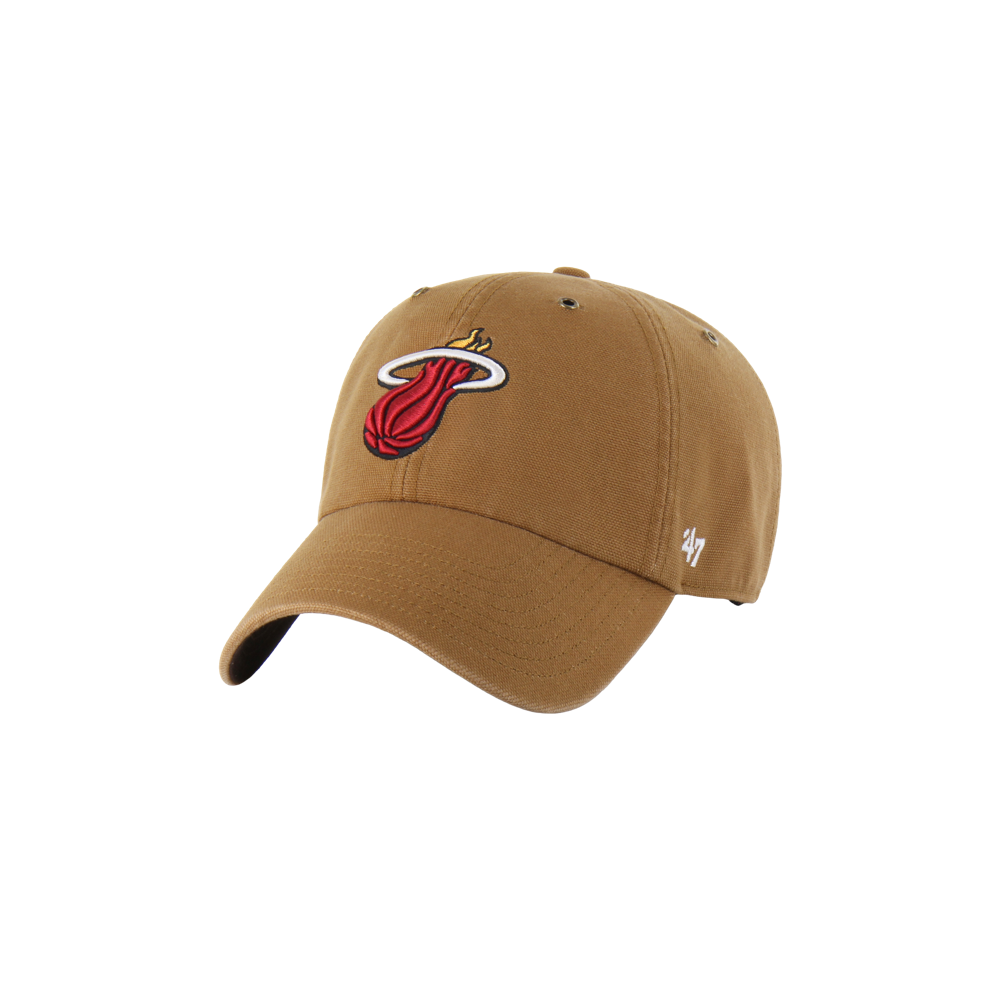 The '47 Brand Carhartt Miami HEAT Dad Hat is a brown cotton one-size-fits-most cap, featuring the Miami Heat logo on the front and a small white '47 logo on the left side. Spot clean for best care.