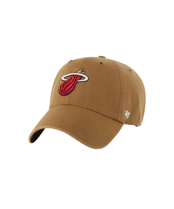 The '47 Brand Carhartt Miami HEAT Dad Hat is a brown cotton one-size-fits-most cap, featuring the Miami Heat logo on the front and a small white '47 logo on the left side. Spot clean for best care.