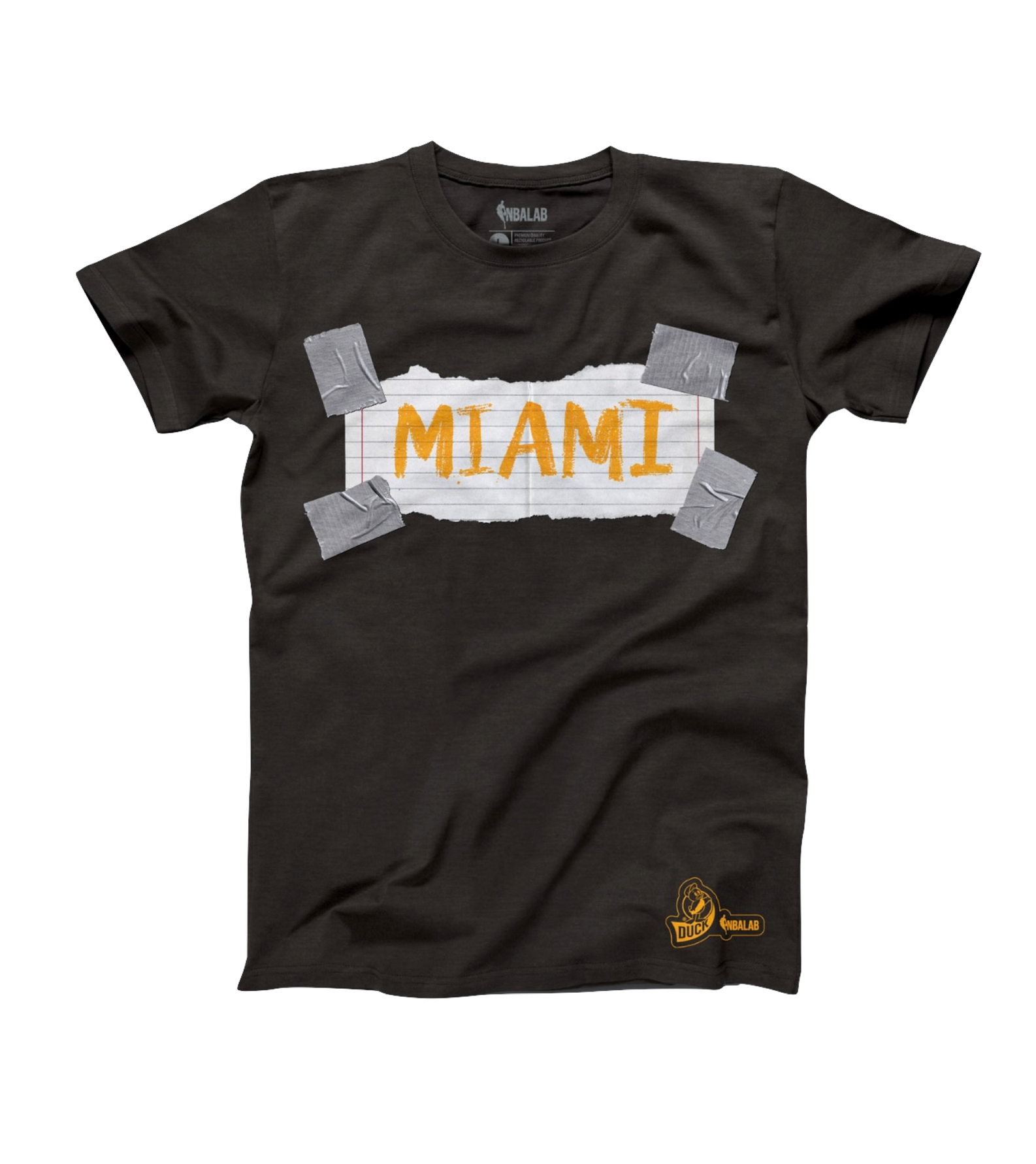 The Miami HEAT Paper Duck Tape Tee by Duck Tape is a black t-shirt featuring “MIAMI” in orange NBA style on a white, torn-paper strip held by four Duck Tape pieces. Made from recycled cotton with a small yellow logo at the lower left.