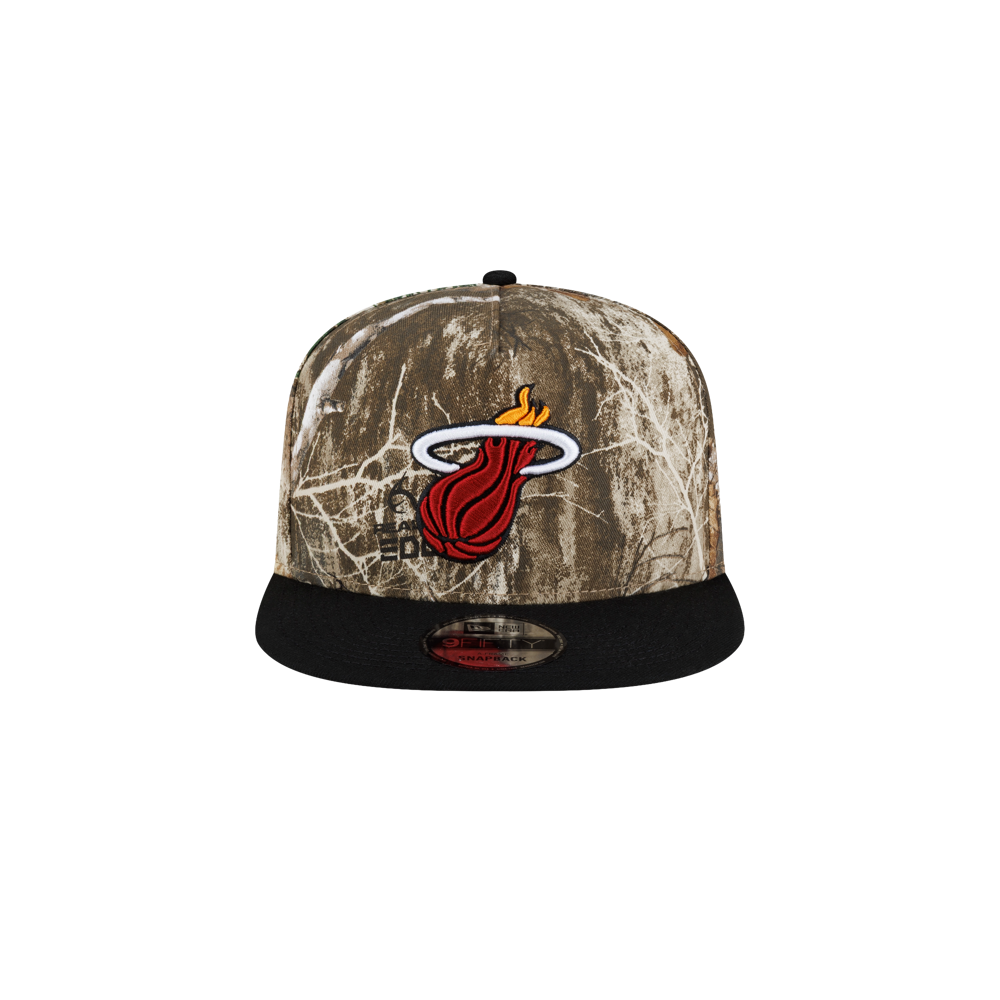 Court Culture x New Era Camo Snapback A-frame cap featuring a camouflage crown, black cotton visor, and an embroidered Miami Heat logo on the front.